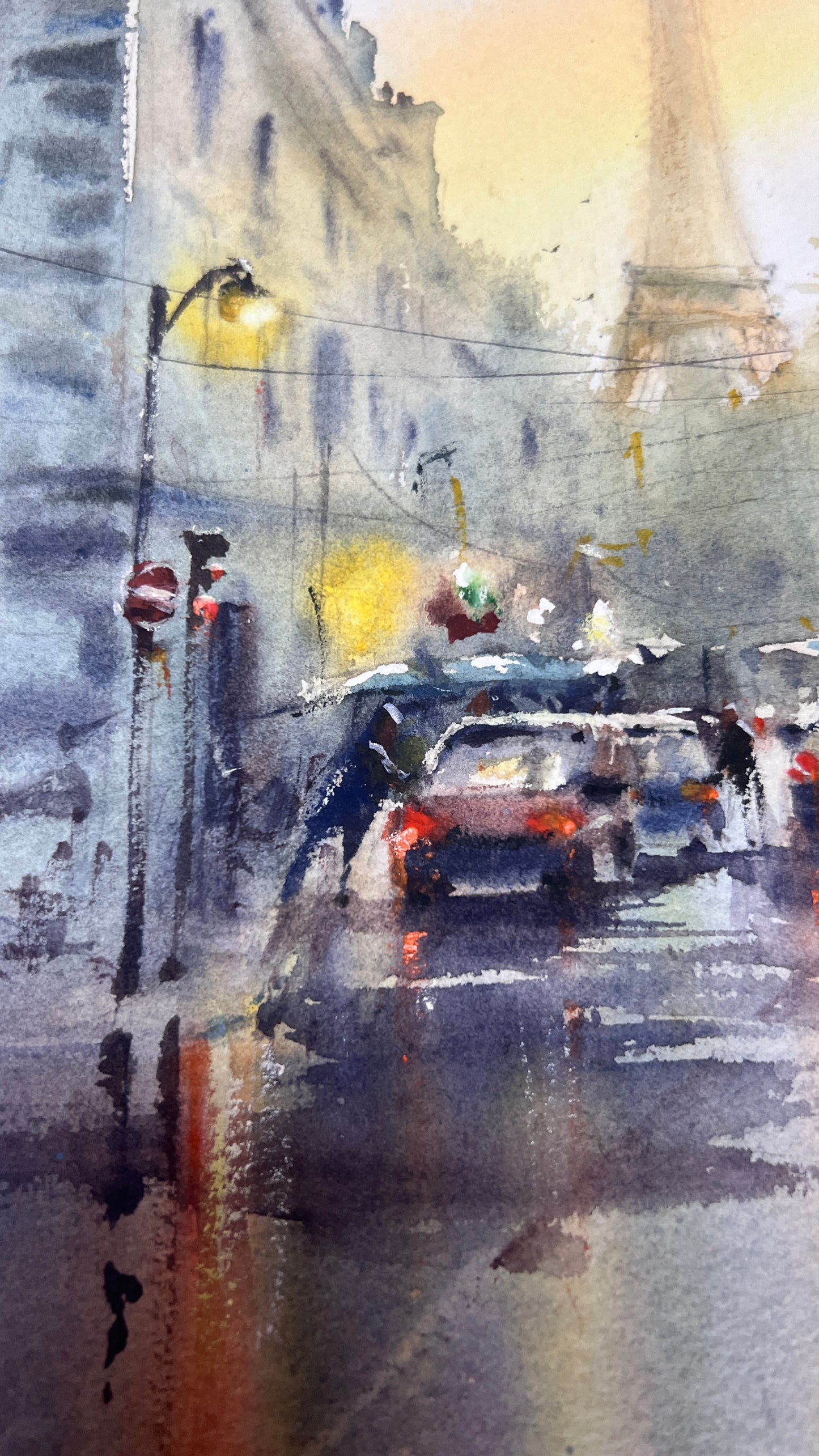 Paris Street Watercolor Painting, Eiffel Tower Art, Paris in Golden Rain 12x16