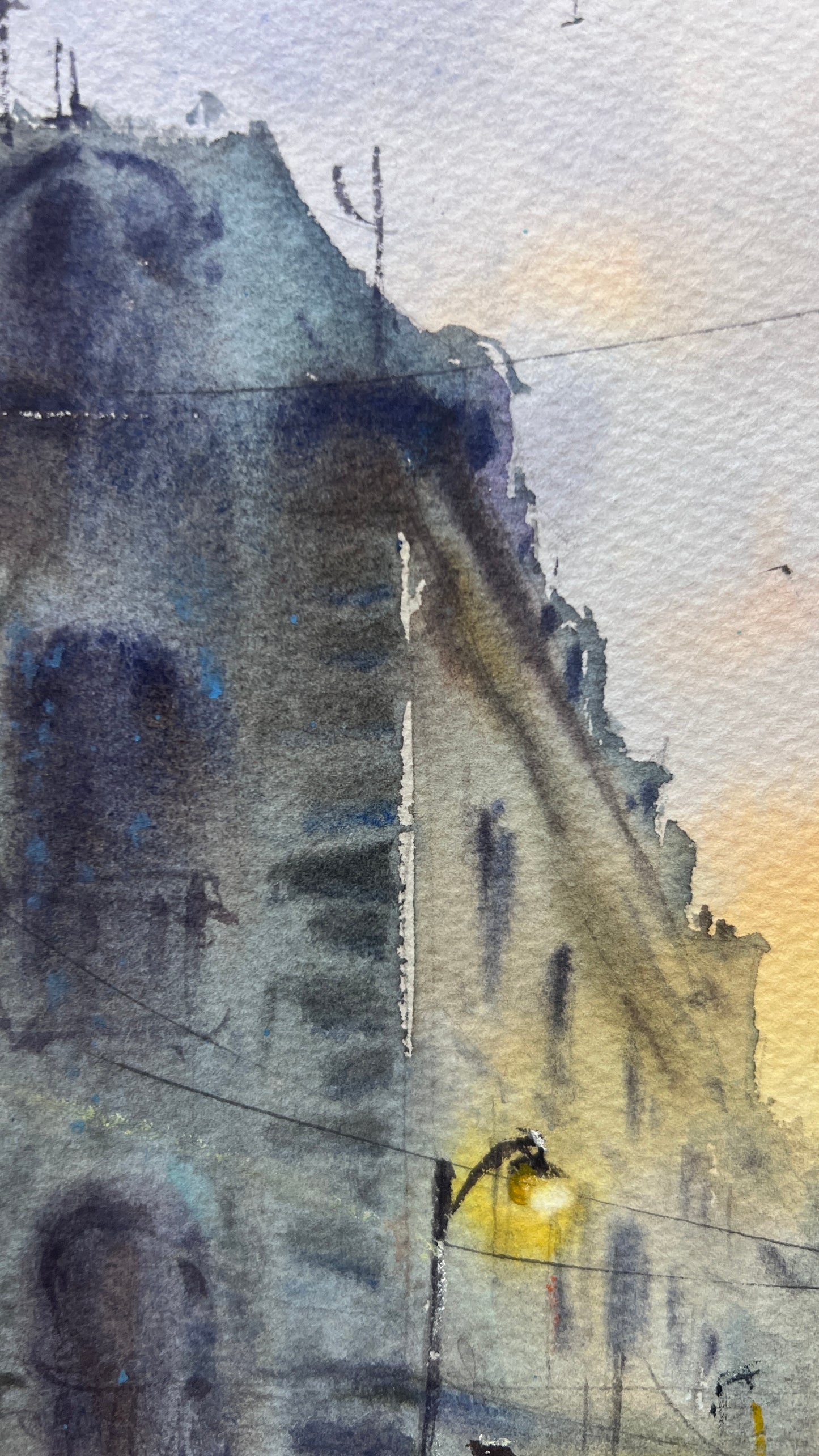 Paris Street Watercolor Painting, Eiffel Tower Art, Paris in Golden Rain 12x16