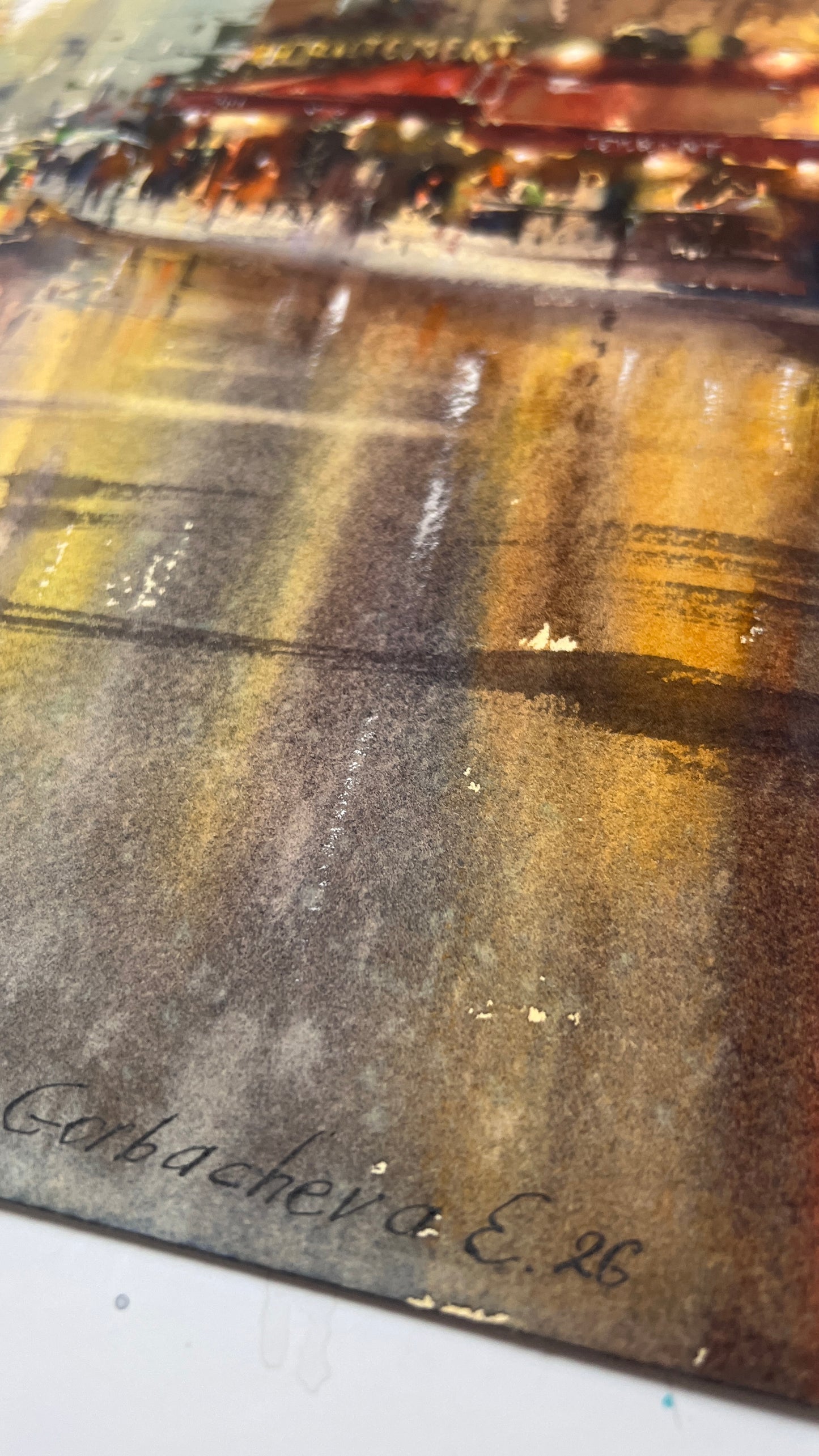 Paris Street Watercolor Painting, Eiffel Tower Art, Paris in Golden Rain 12x16