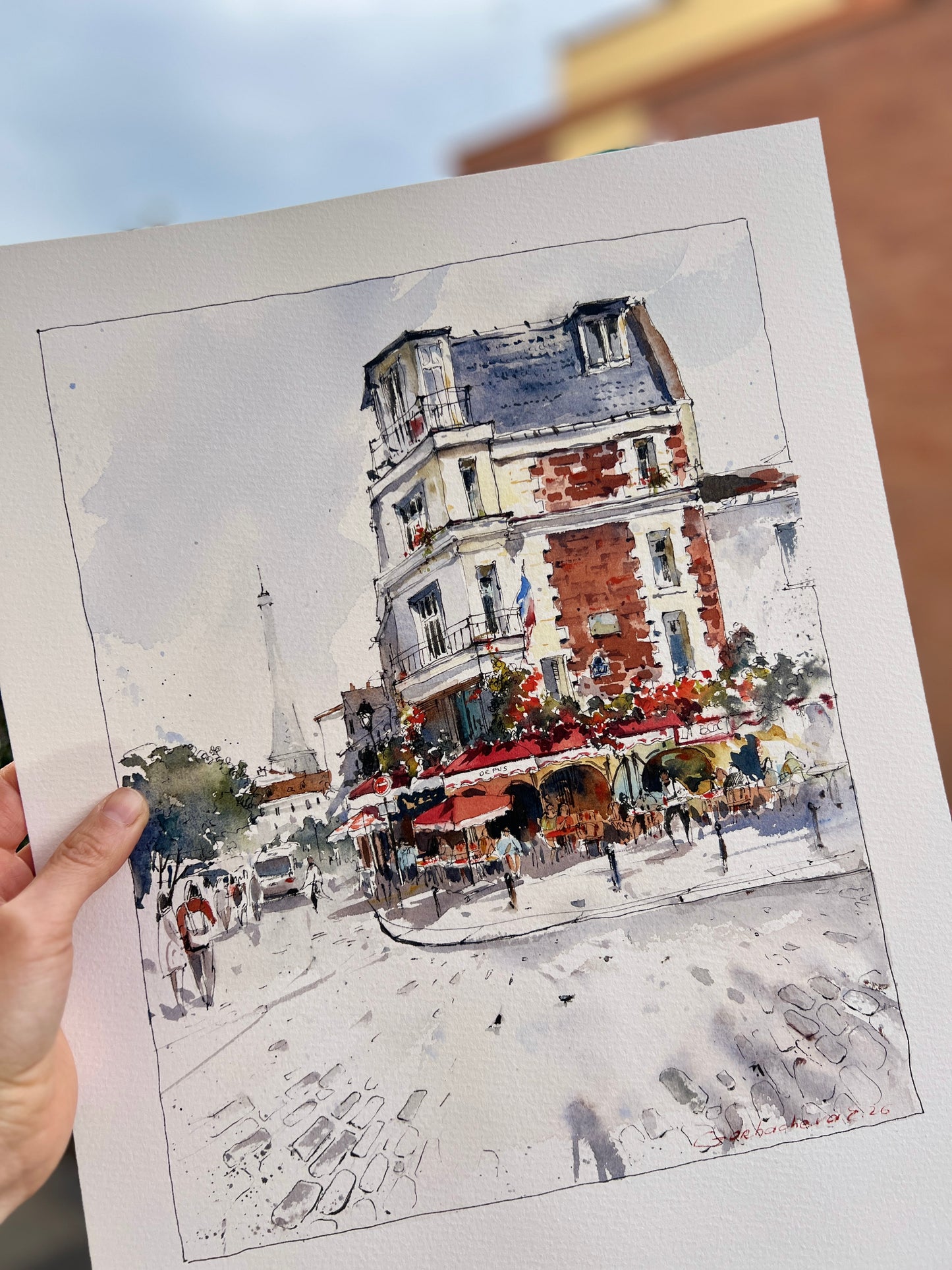 Paris Cafe Watercolor, Montmartre Street Scene,Parisian Daydream 10x12