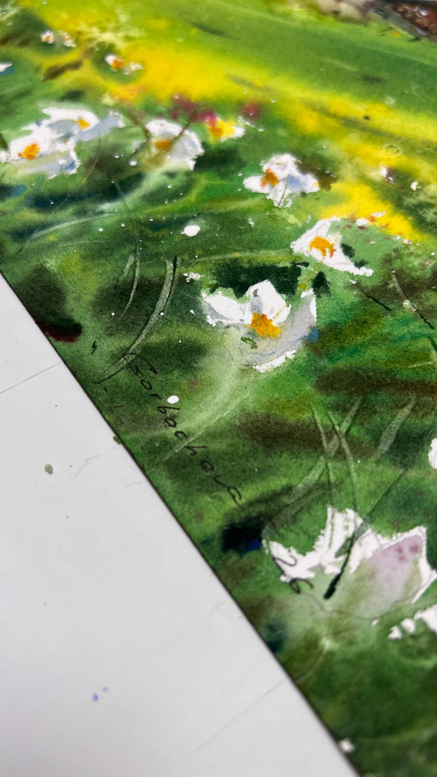 Watercolor Mountain Landscape Painting, Alpine Meadow with Flowers, Song of Green Valleys 9x12 in