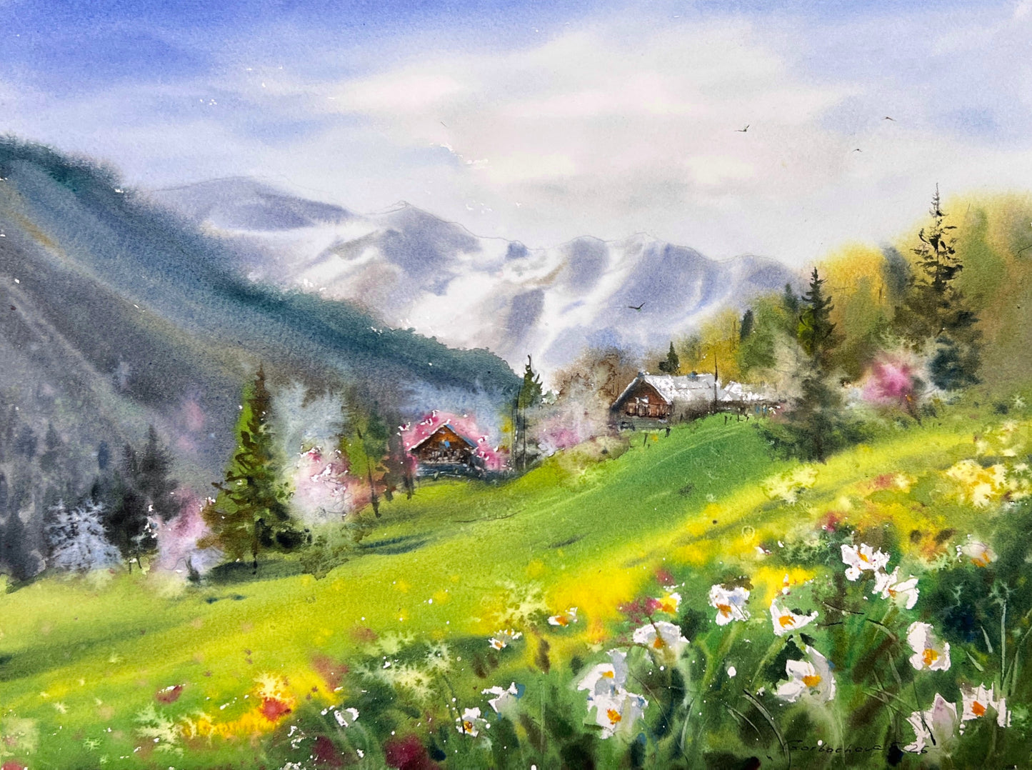 Watercolor Mountain Landscape Painting, Alpine Meadow with Flowers, Song of Green Valleys 9x12 in
