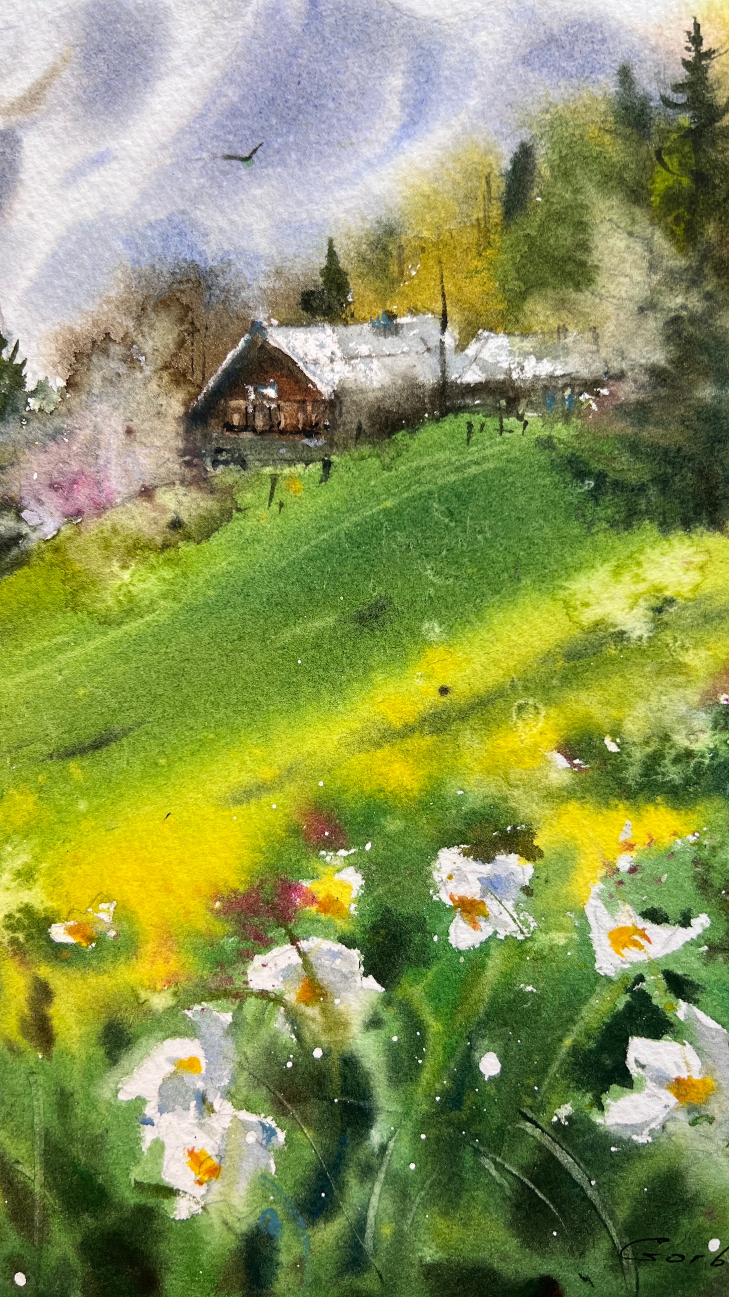 Watercolor Mountain Landscape Painting, Alpine Meadow with Flowers, Song of Green Valleys 9x12 in