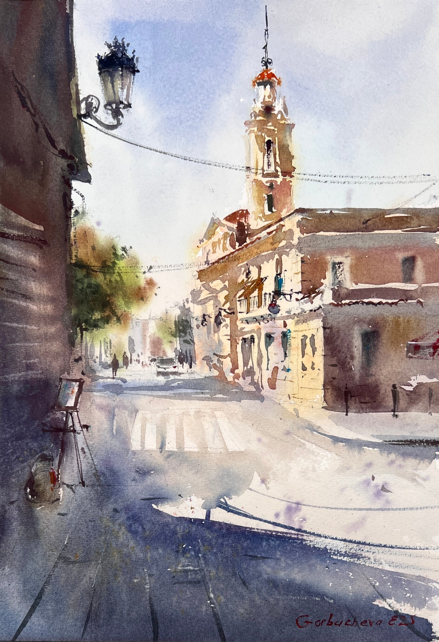 Valencia Sunlit Square – Watercolor Painting – Spain-Inspired Art – Morning Stillness in Valencia #2 8x12 in