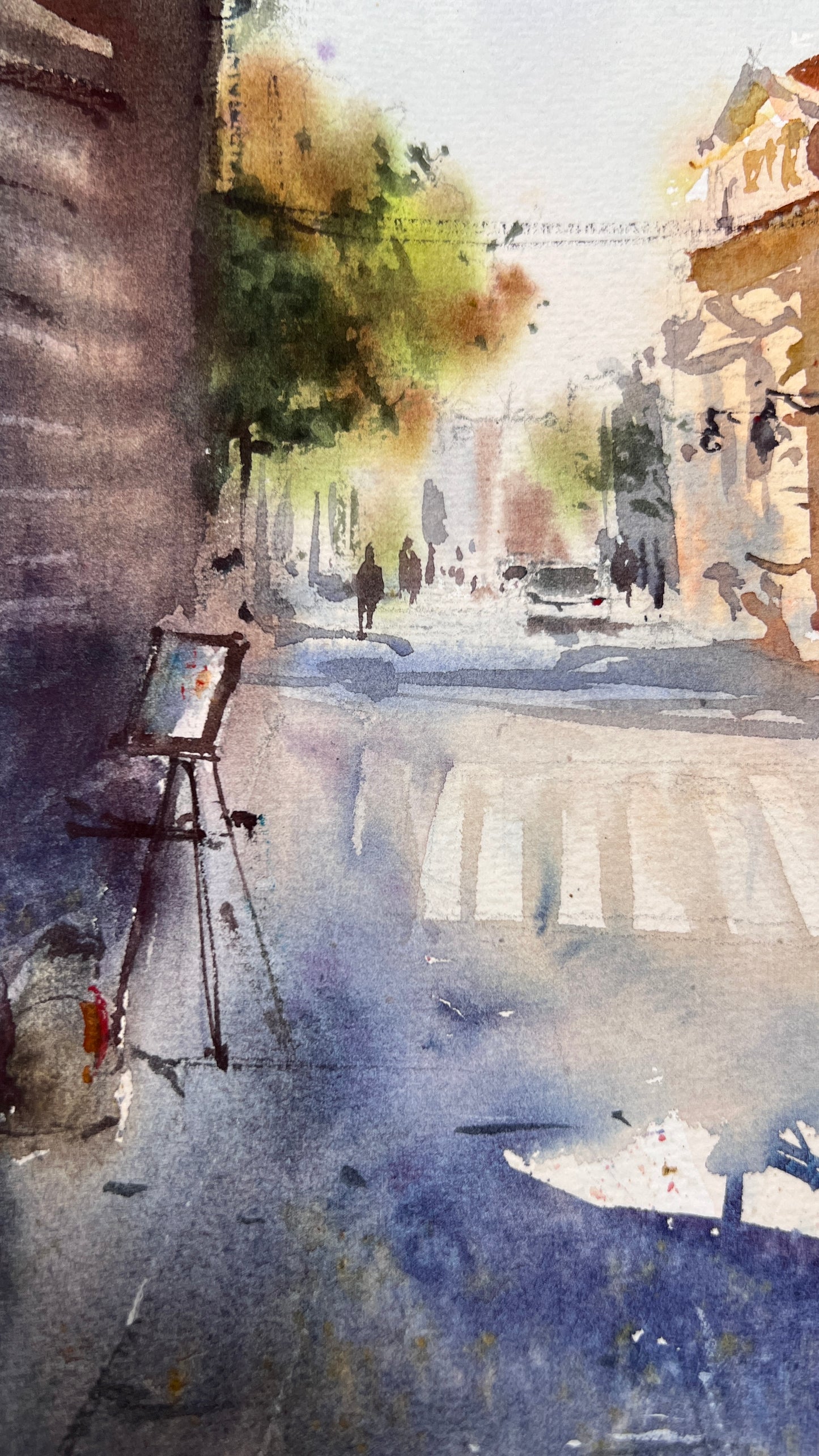 Valencia Sunlit Square – Watercolor Painting – Spain-Inspired Art – Morning Stillness in Valencia #2 8x12 in