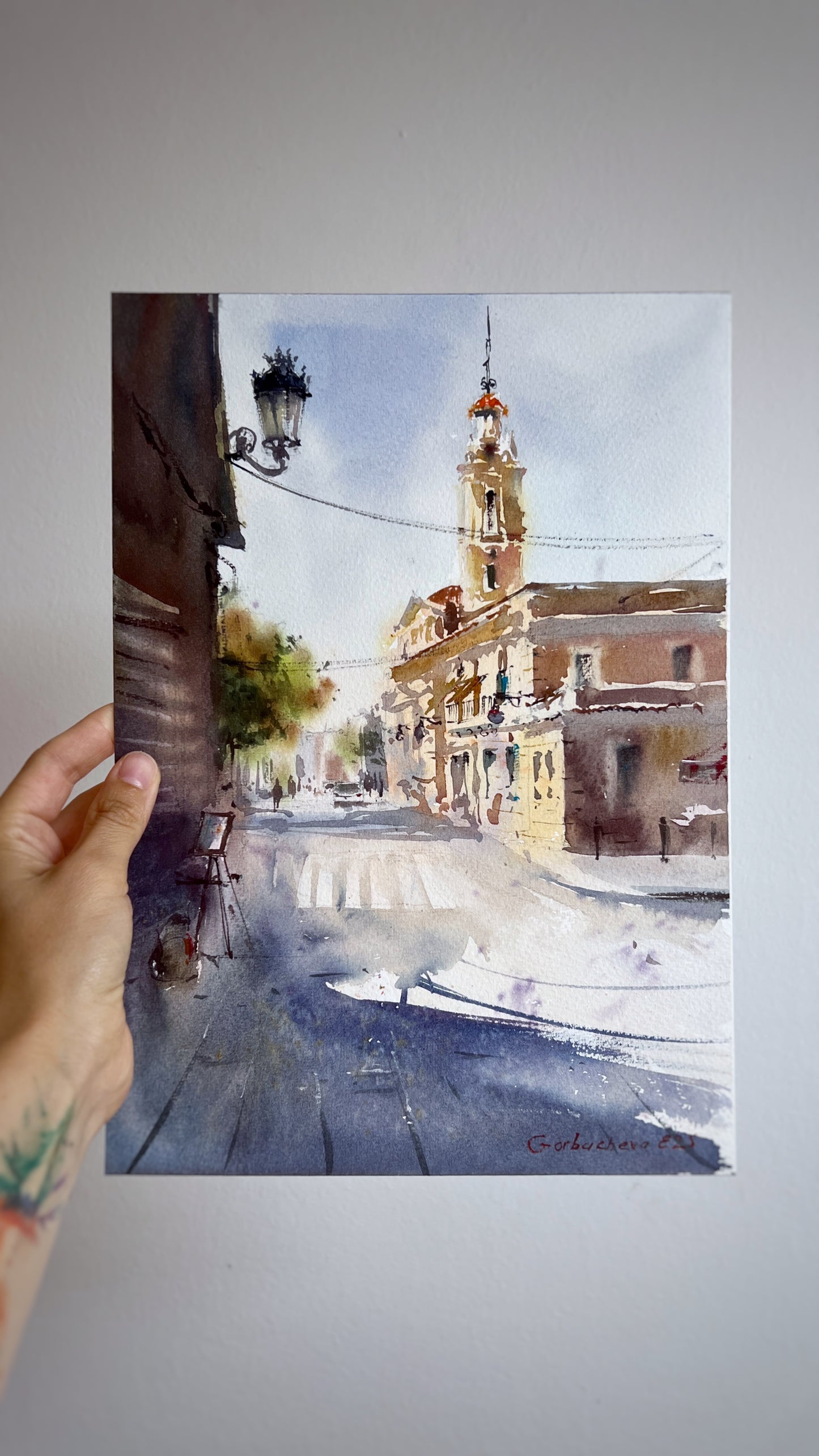 Valencia Sunlit Square – Watercolor Painting – Spain-Inspired Art – Morning Stillness in Valencia #2 8x12 in