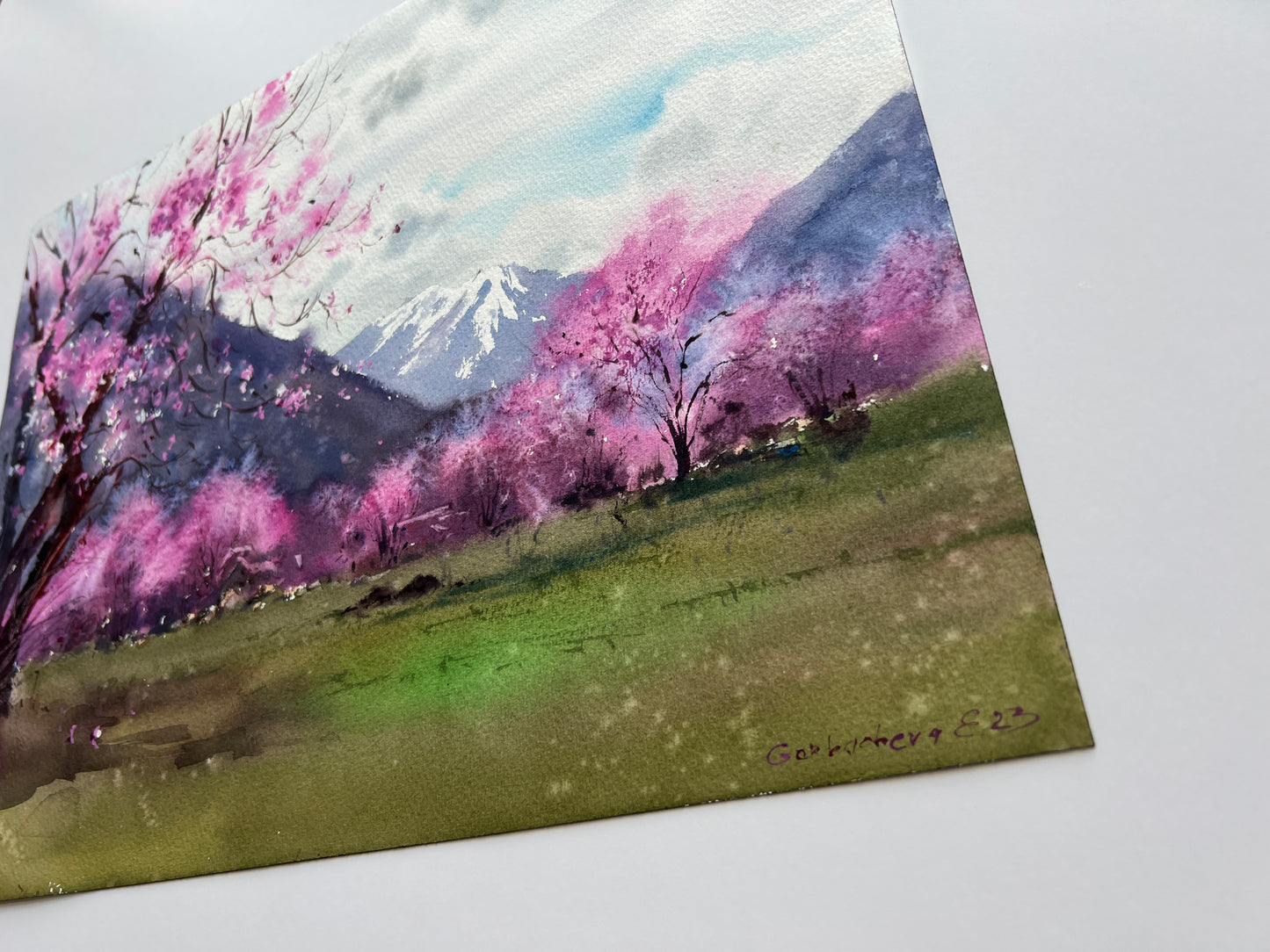 Watercolor Painting of a Tibet Mountains, Landscape Wall Art, Mountain Original Artwork, Home Art, Purple Flowering Tree