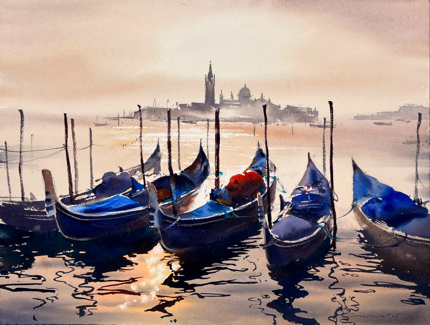Venice Painting Original Art, Gondola Scene Watercolor - Sun-Kissed Boats of Venice
