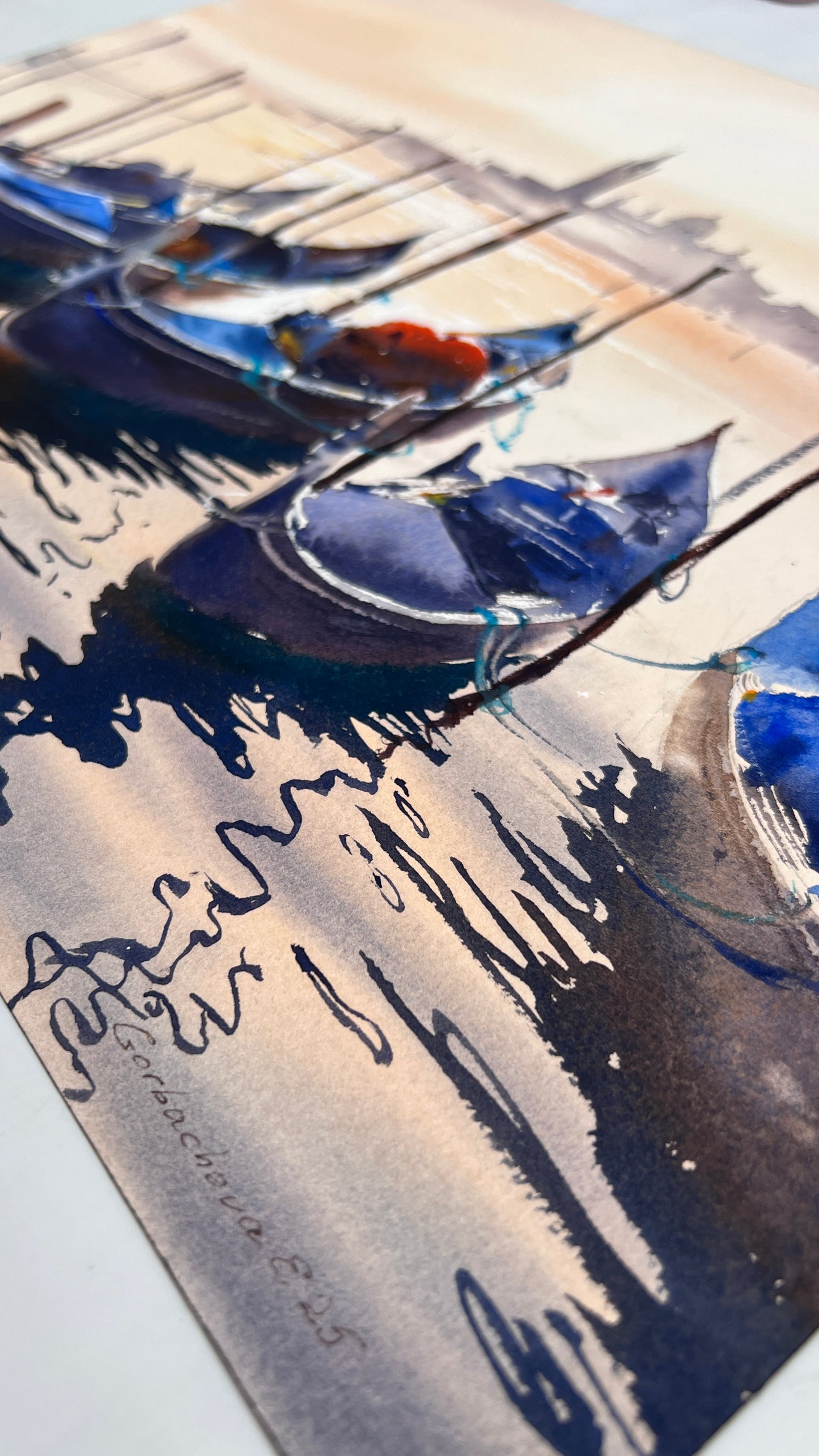 Venice Painting Original Art, Gondola Scene Watercolor - Sun-Kissed Boats of Venice