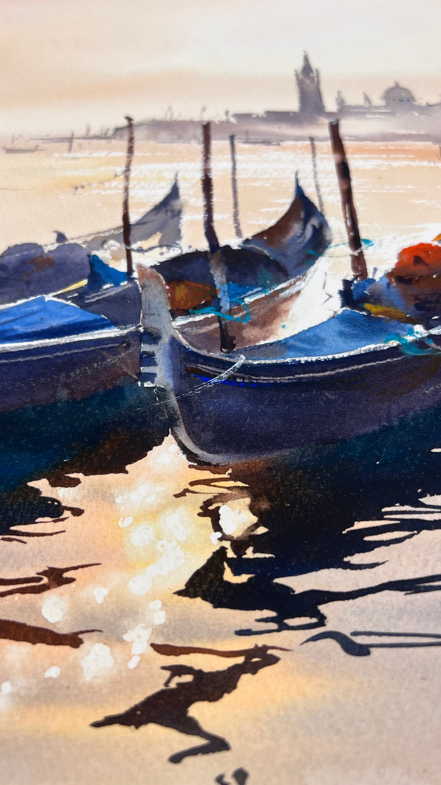 Venice Painting Original Art, Gondola Scene Watercolor - Sun-Kissed Boats of Venice