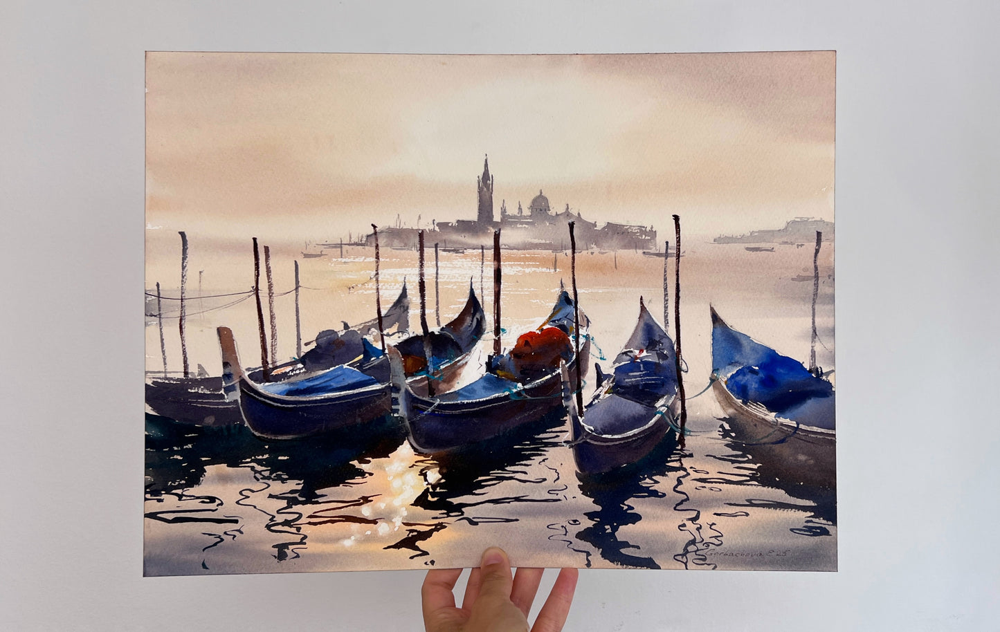 Venice Painting Original Art, Gondola Scene Watercolor - Sun-Kissed Boats of Venice