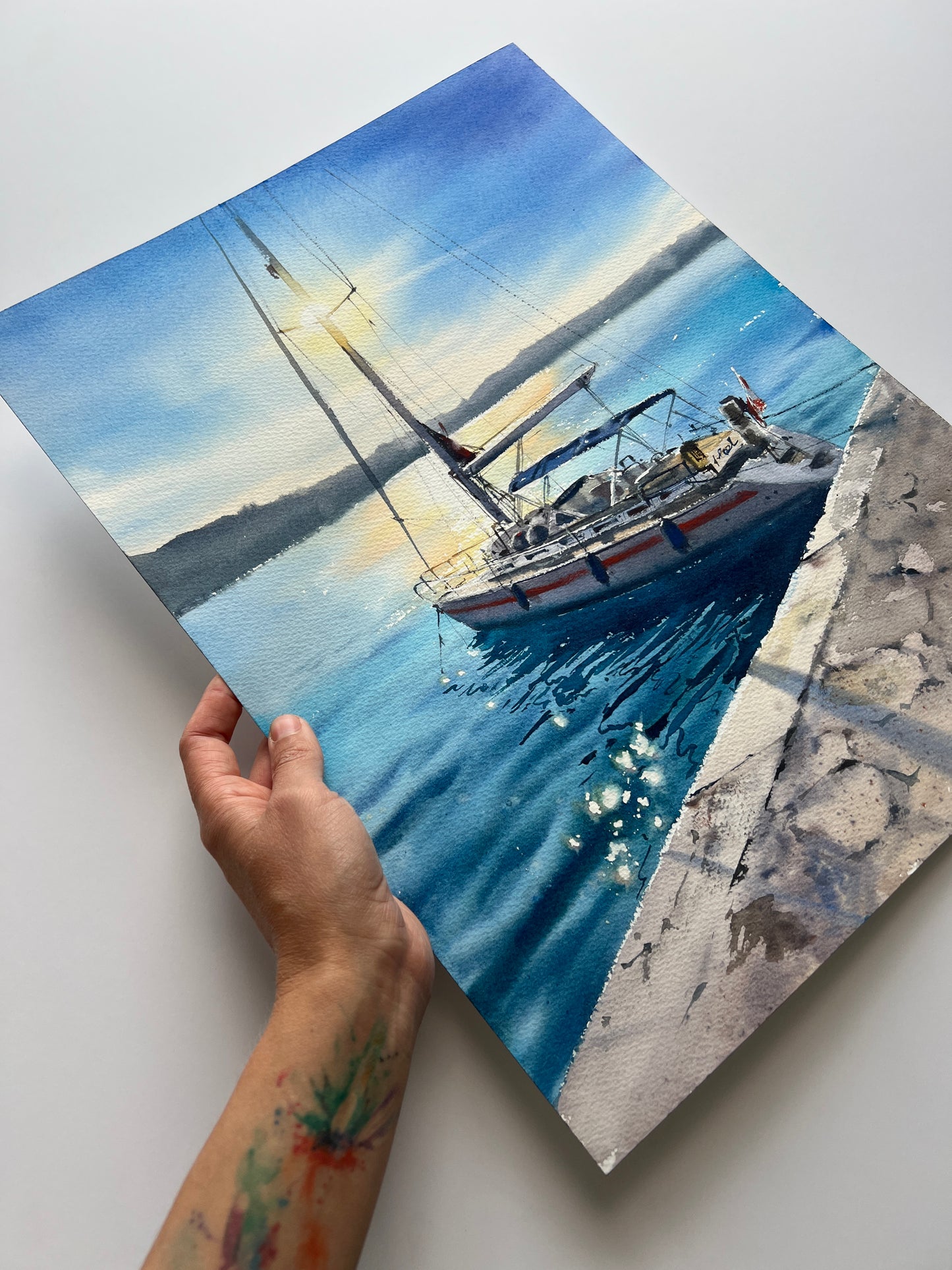 Sailboat Painting Watercolor Original, Yacht Artwork, Seascape Coast Art, Yachting Living Room Wall Decor, Gift, Blue