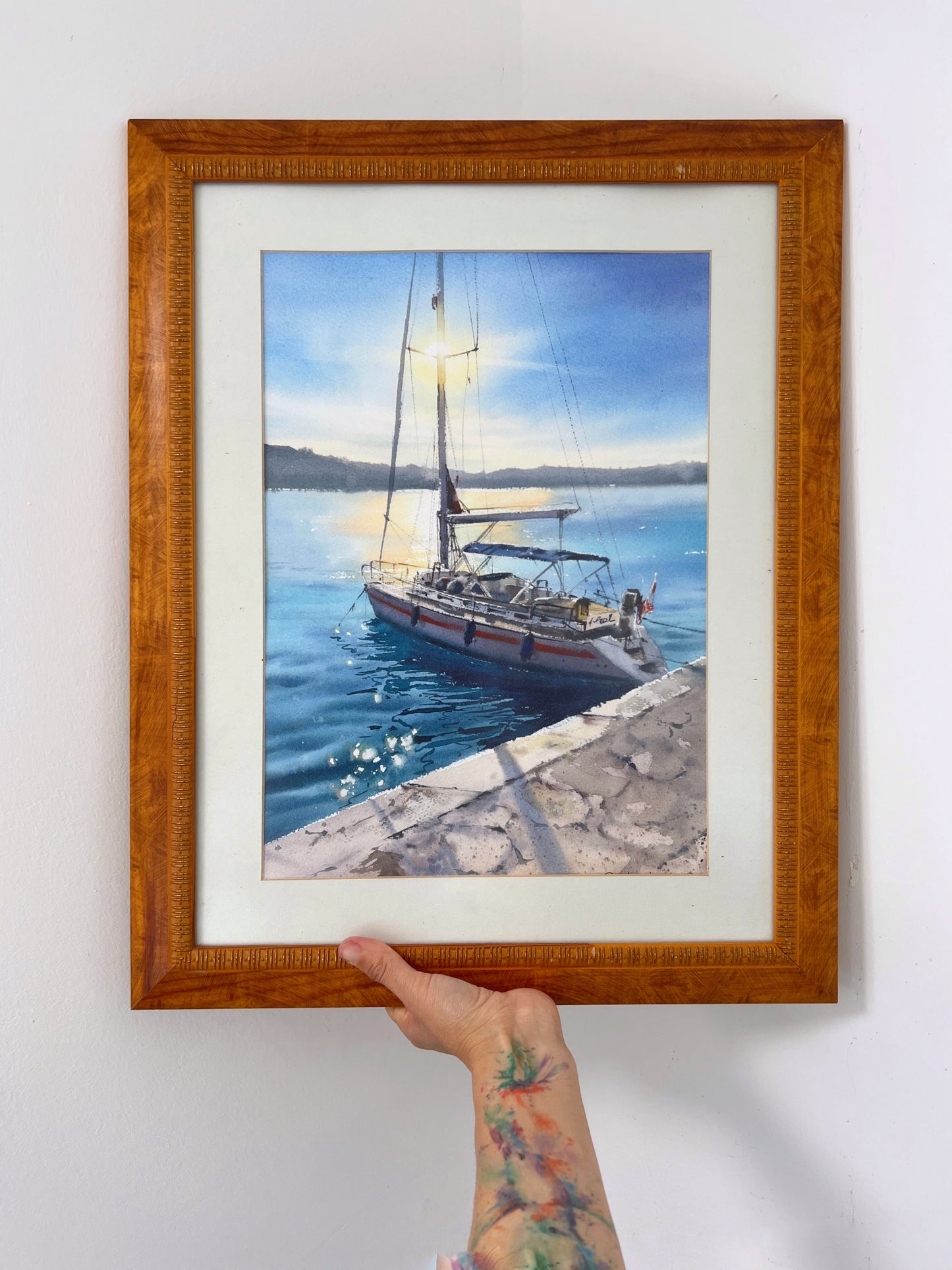 Sailboat Painting Watercolor Original, Yacht Artwork, Seascape Coast Art, Yachting Living Room Wall Decor, Gift, Blue