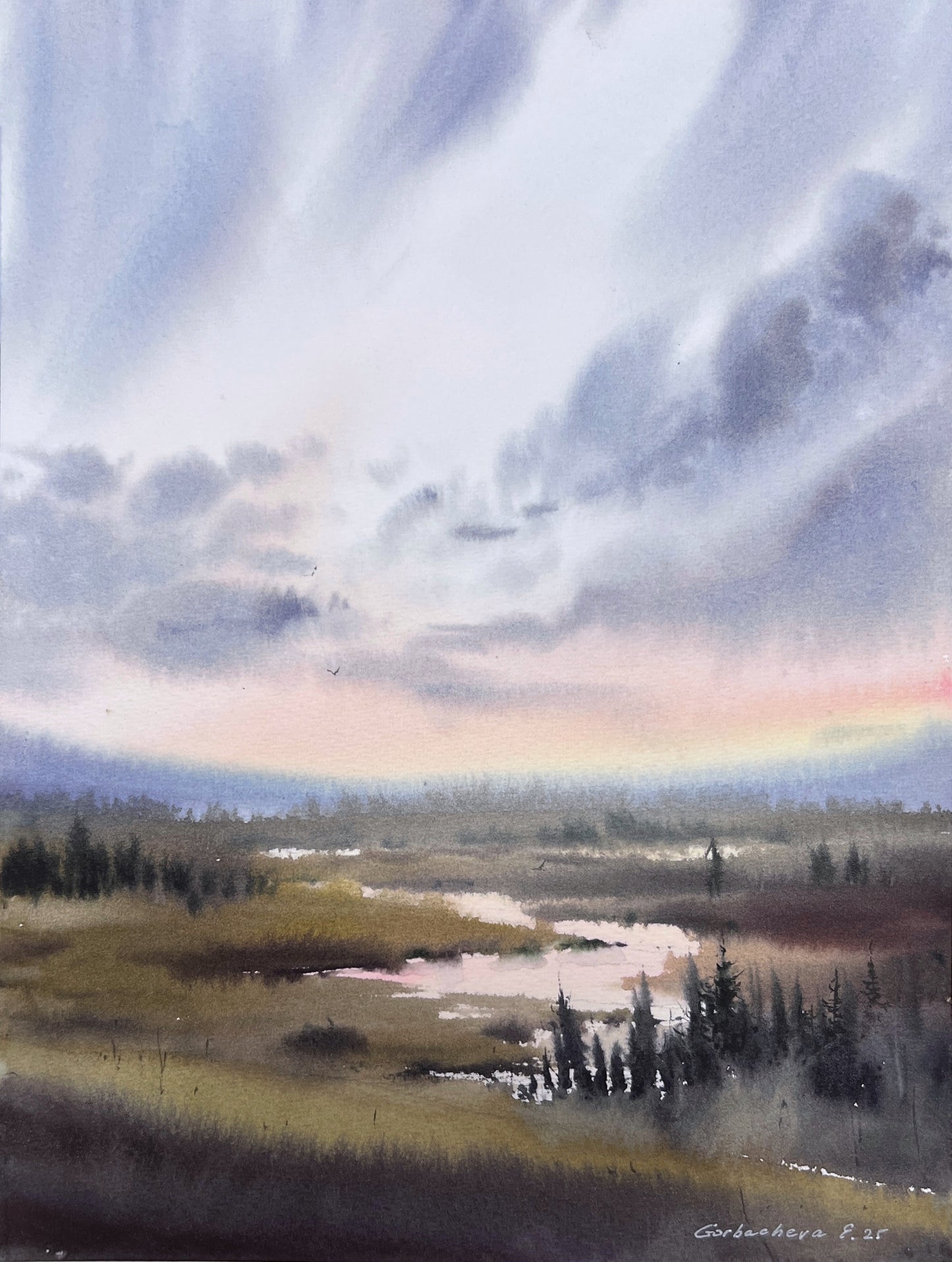 Original Marsh Sunset Watercolor Painting, Misty Dawn 9 x 12 in