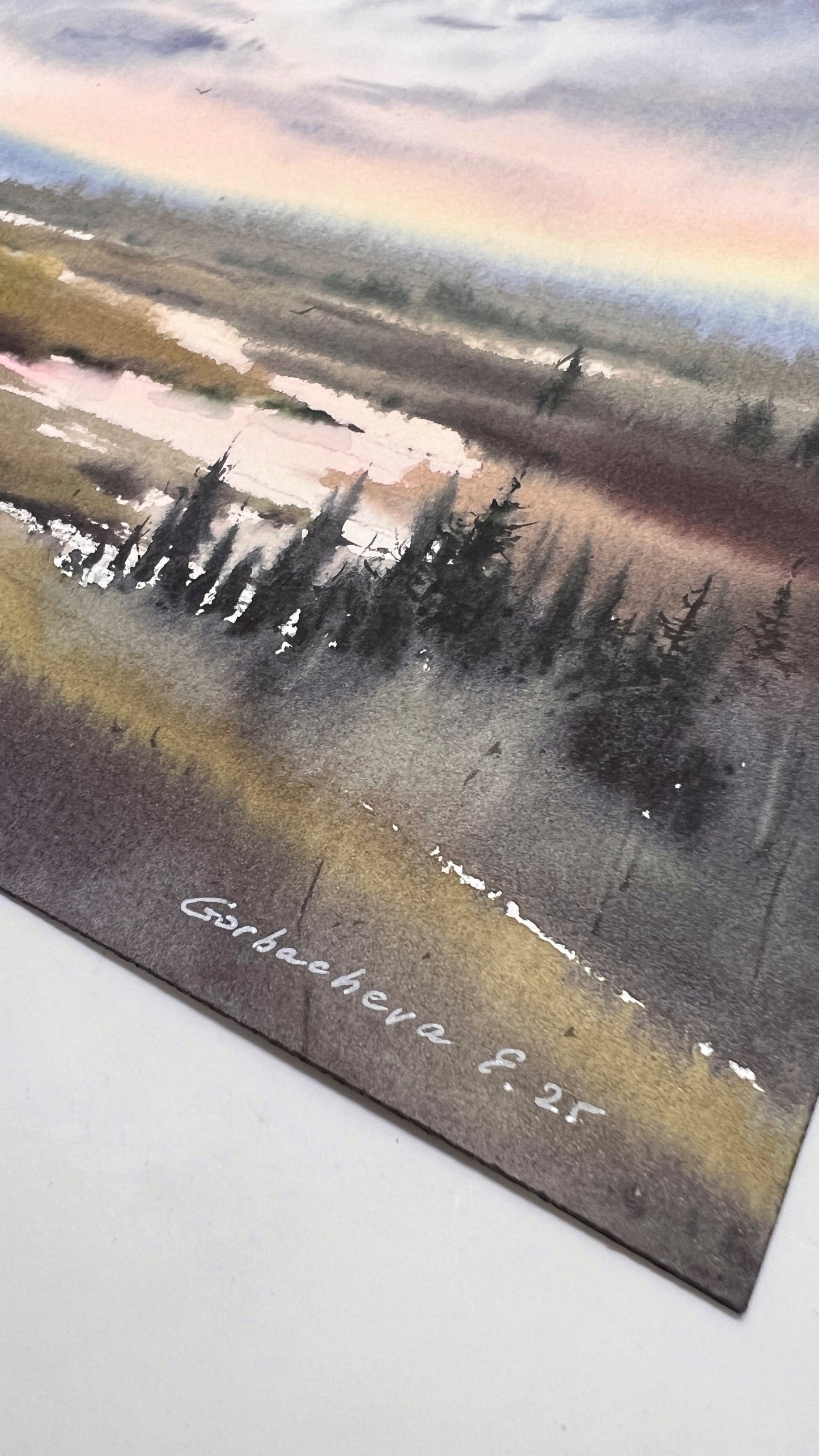 Original Marsh Sunset Watercolor Painting, Misty Dawn 9 x 12 in