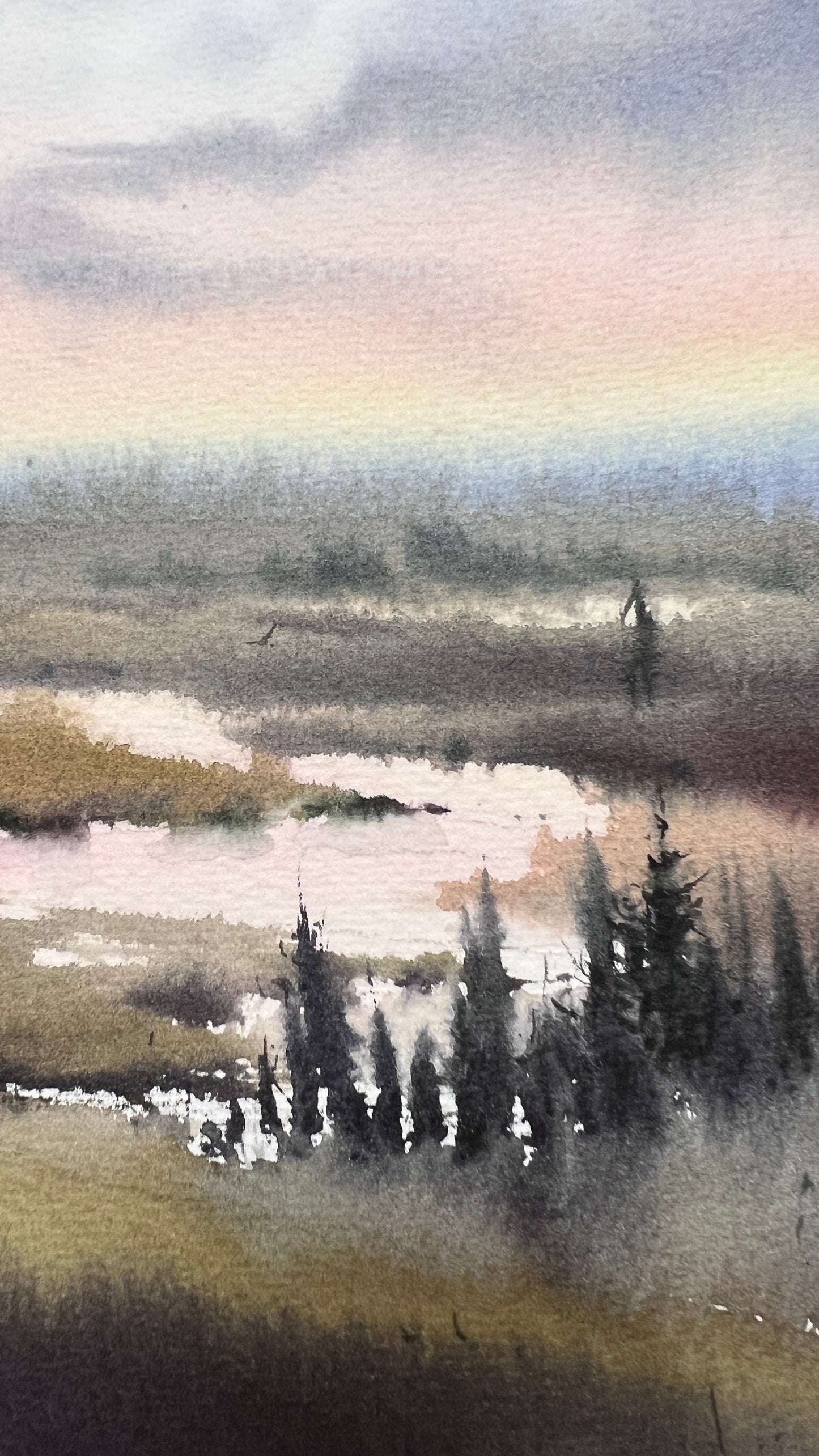 Original Marsh Sunset Watercolor Painting, Misty Dawn 9 x 12 in