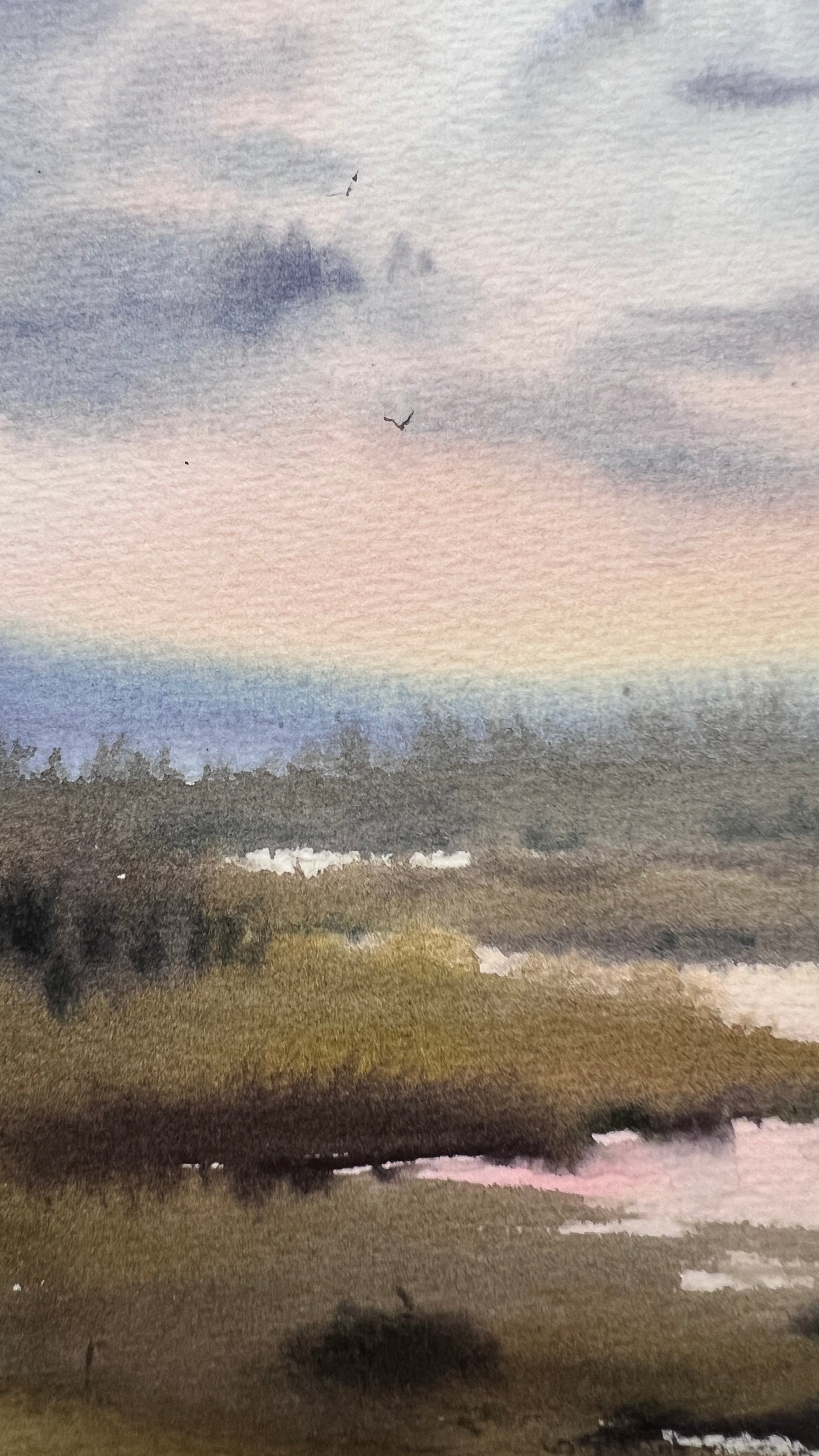 Original Marsh Sunset Watercolor Painting, Misty Dawn 9 x 12 in