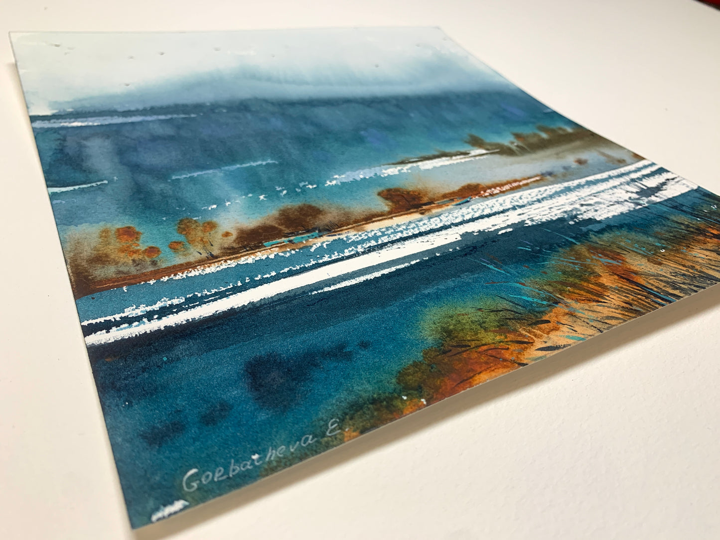 Mountain Valley Village Watercolor Painting, Mountain river #12 9x9