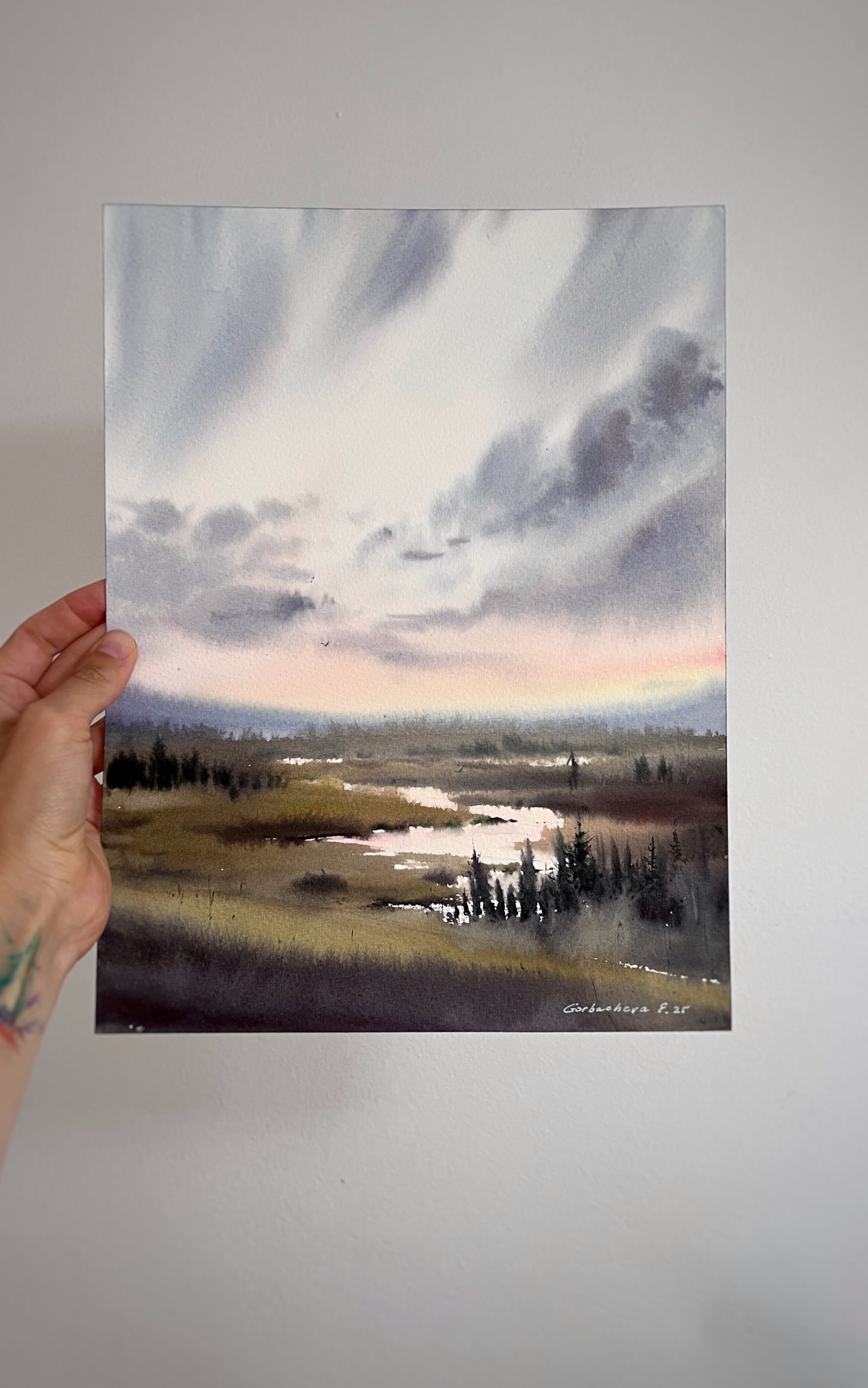 Original Marsh Sunset Watercolor Painting, Misty Dawn 9 x 12 in