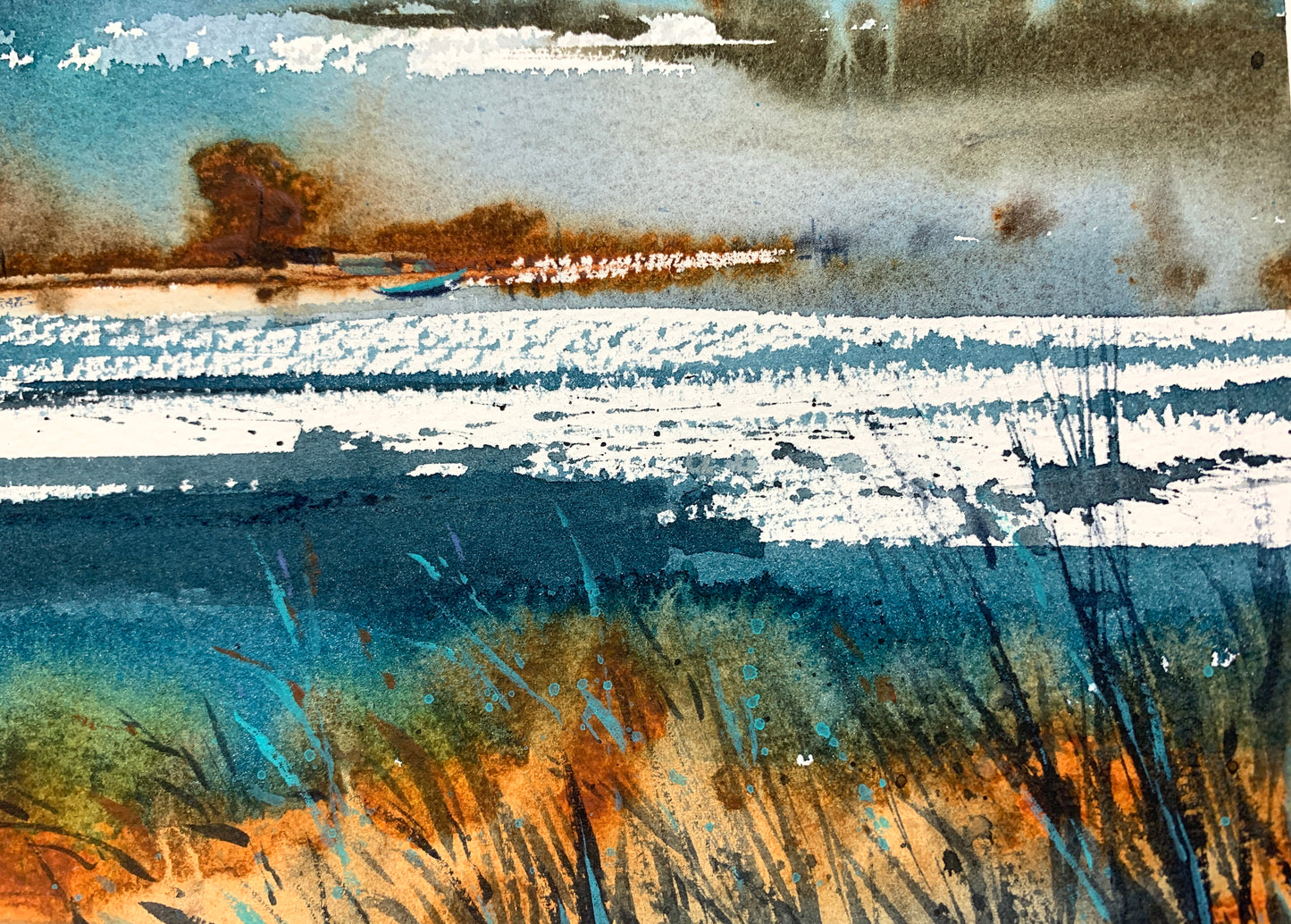 Mountain Valley Village Watercolor Painting, Mountain river #12 9x9