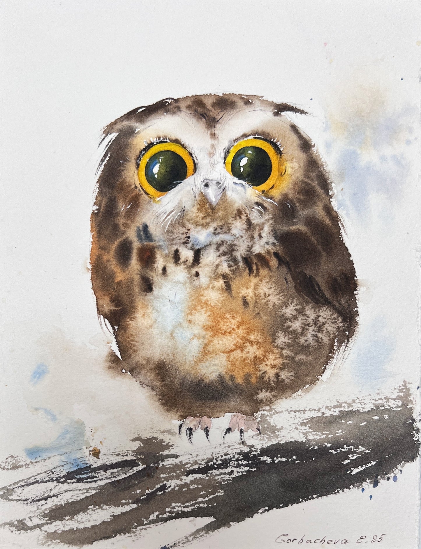 Original Watercolor Painting Tiny Owl, Cute Baby Owl Art, Amber-Eyed Owlet 8 x 10 in