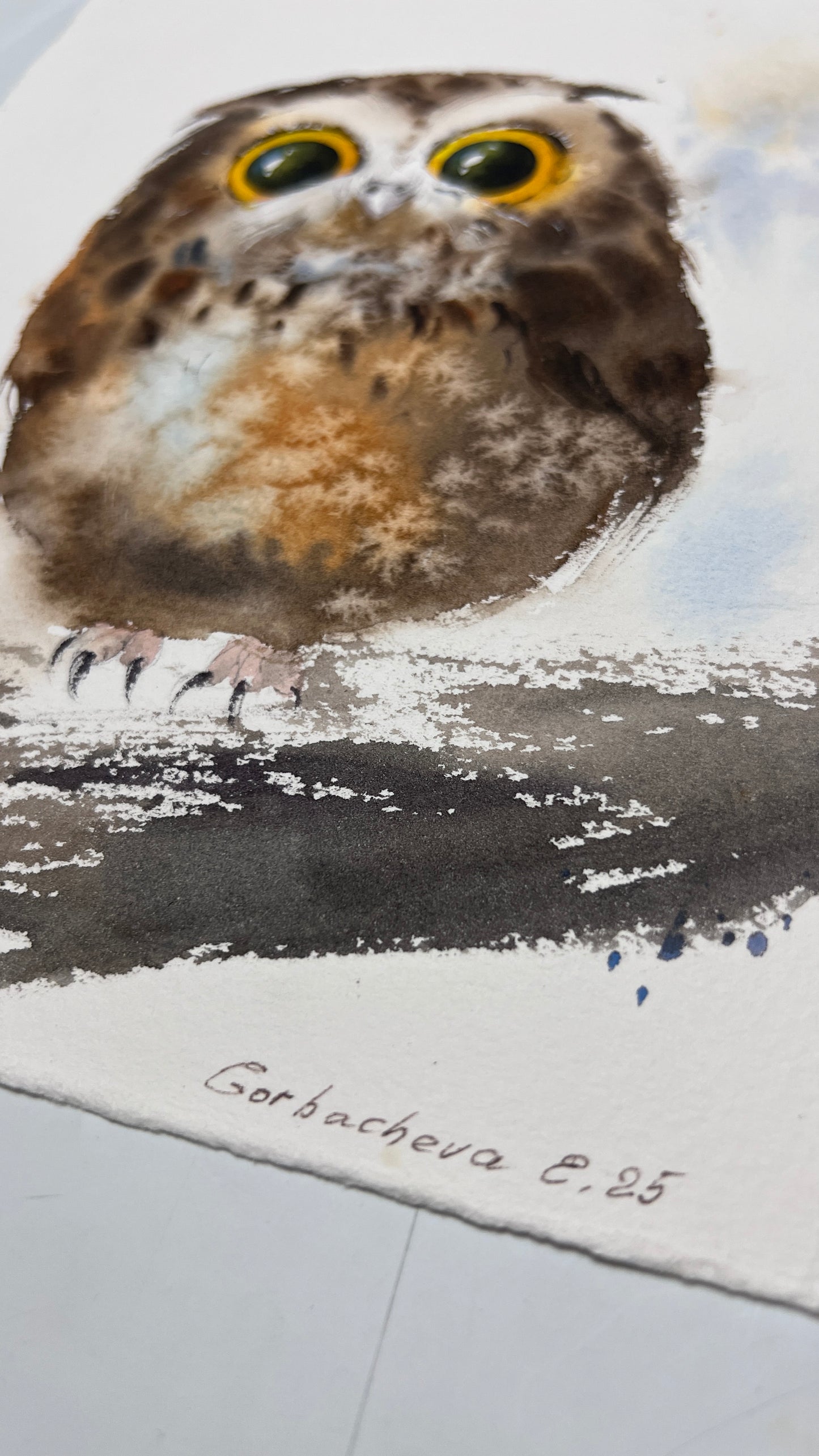 Original Watercolor Painting Tiny Owl, Cute Baby Owl Art, Amber-Eyed Owlet 8 x 10 in