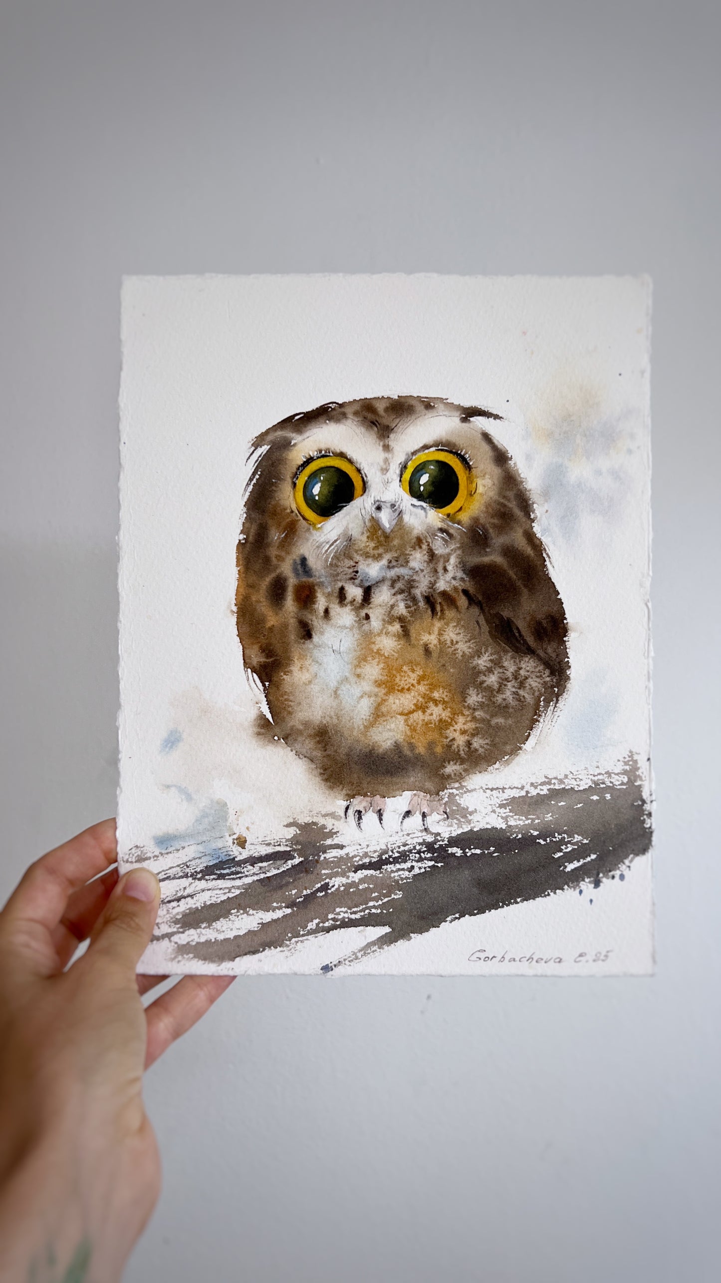 Original Watercolor Painting Tiny Owl, Cute Baby Owl Art, Amber-Eyed Owlet 8 x 10 in