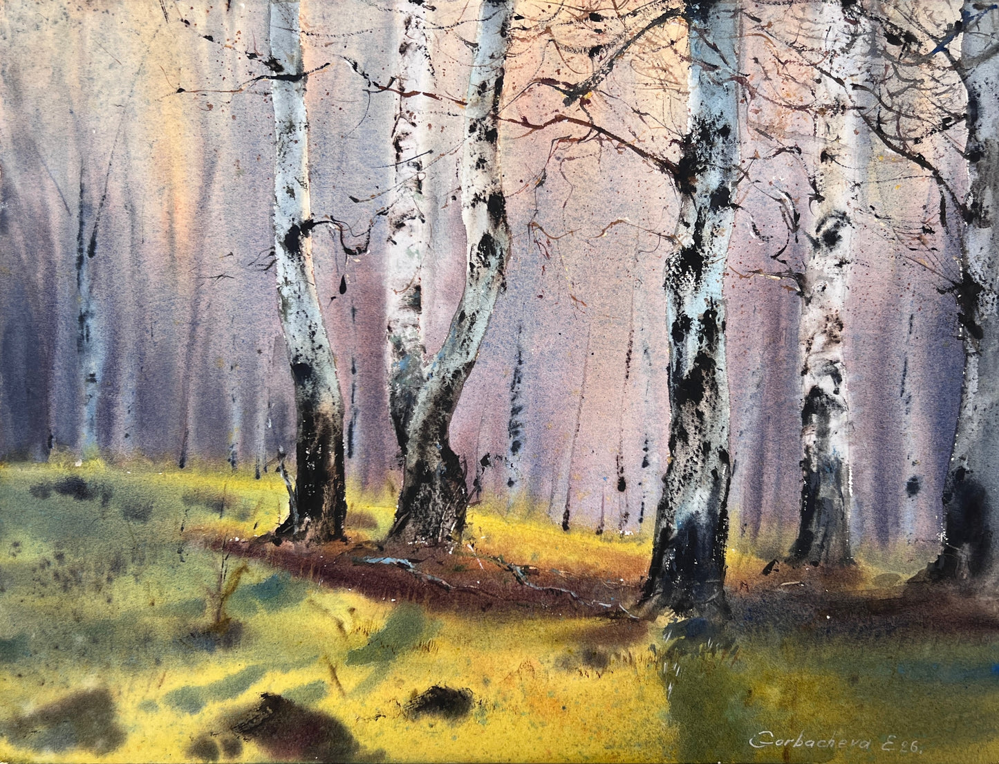 Birch Forest Watercolor Painting, Moody Woodland Landscape Art, Birchwood Dreams 12x16
