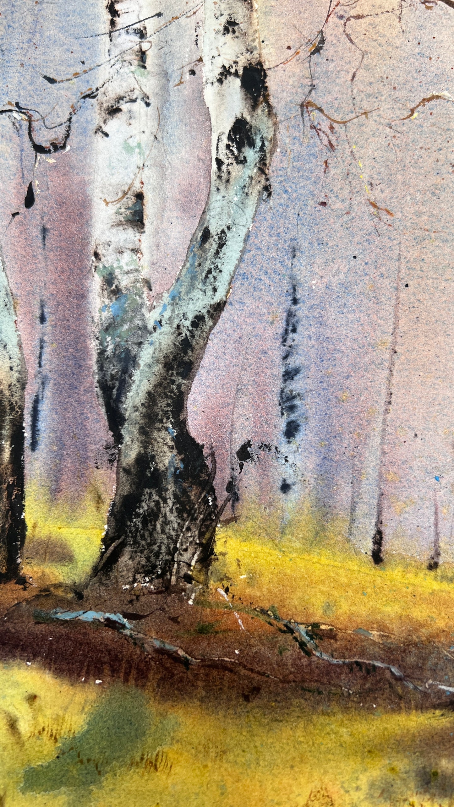 Birch Forest Watercolor Painting, Moody Woodland Landscape Art, Birchwood Dreams 12x16