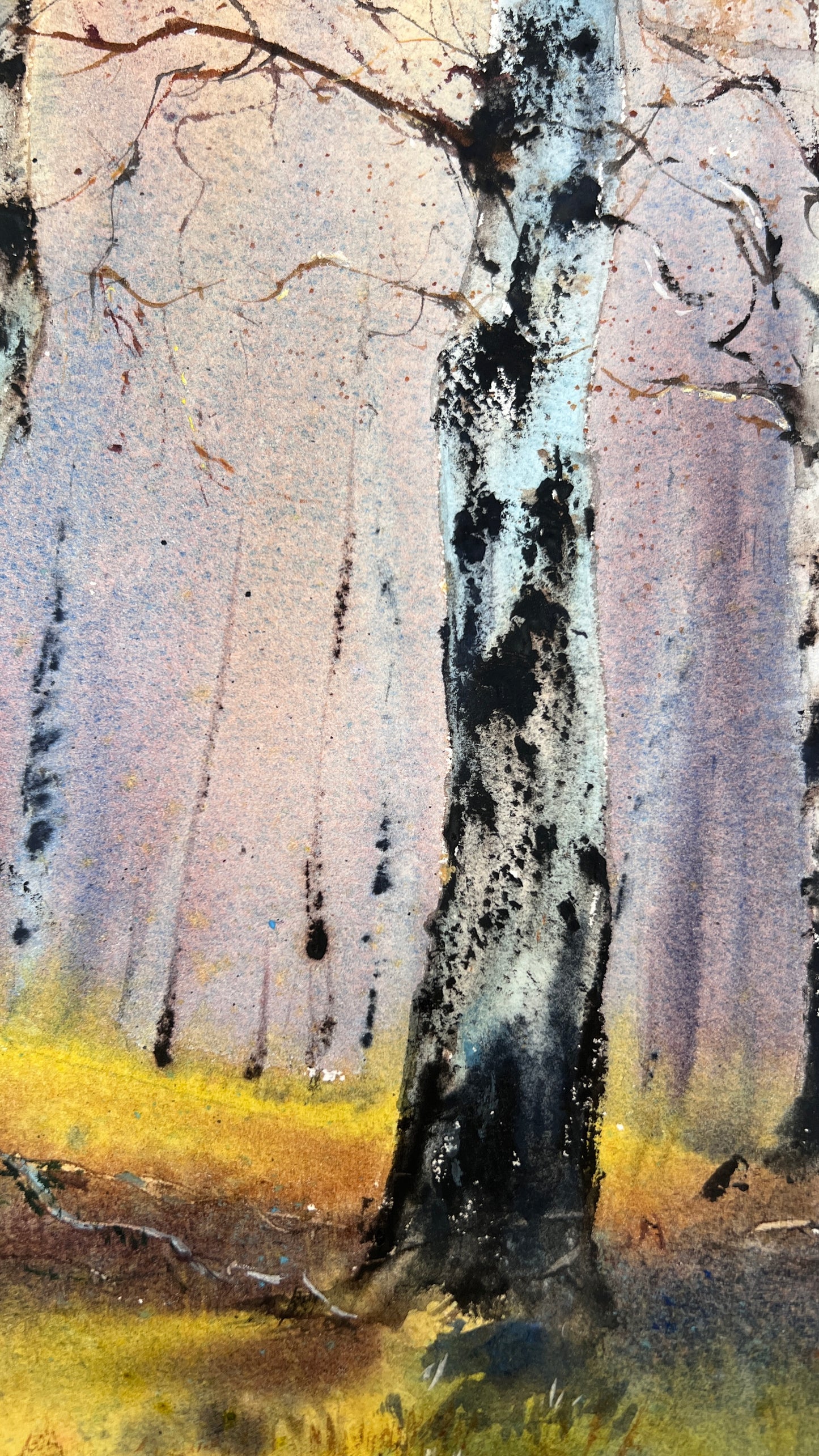 Birch Forest Watercolor Painting, Moody Woodland Landscape Art, Birchwood Dreams 12x16