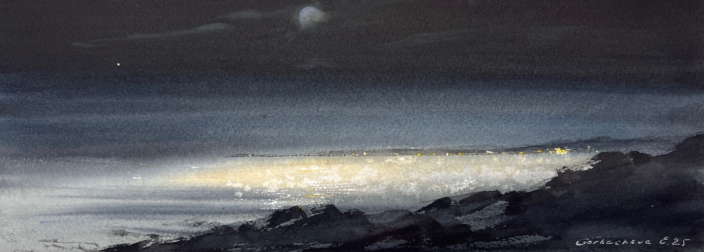 Cyprus Night Sea Watercolor Painting, Cyprus Moonlit Secrets 5.5 x15