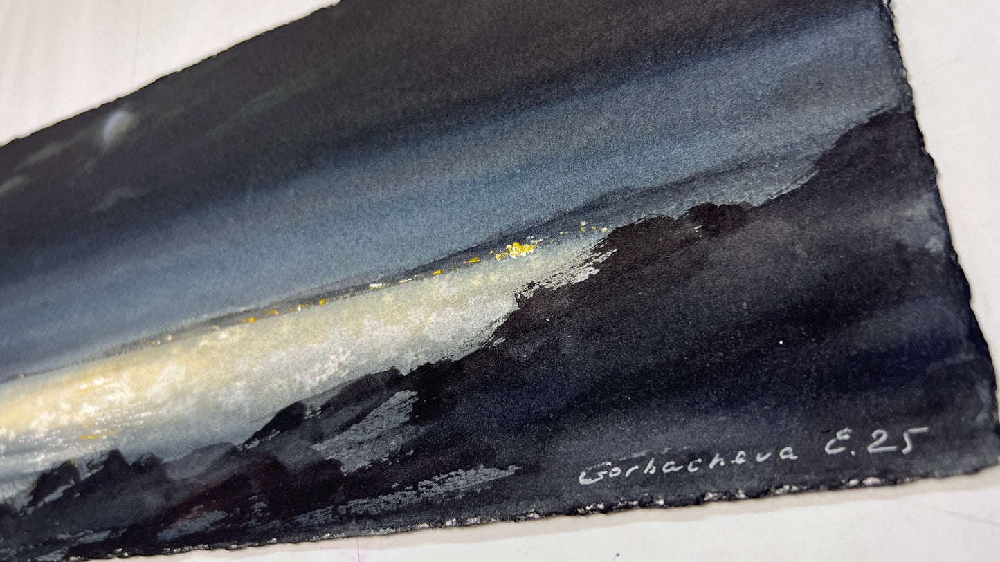 Cyprus Night Sea Watercolor Painting, Cyprus Moonlit Secrets 5.5 x15