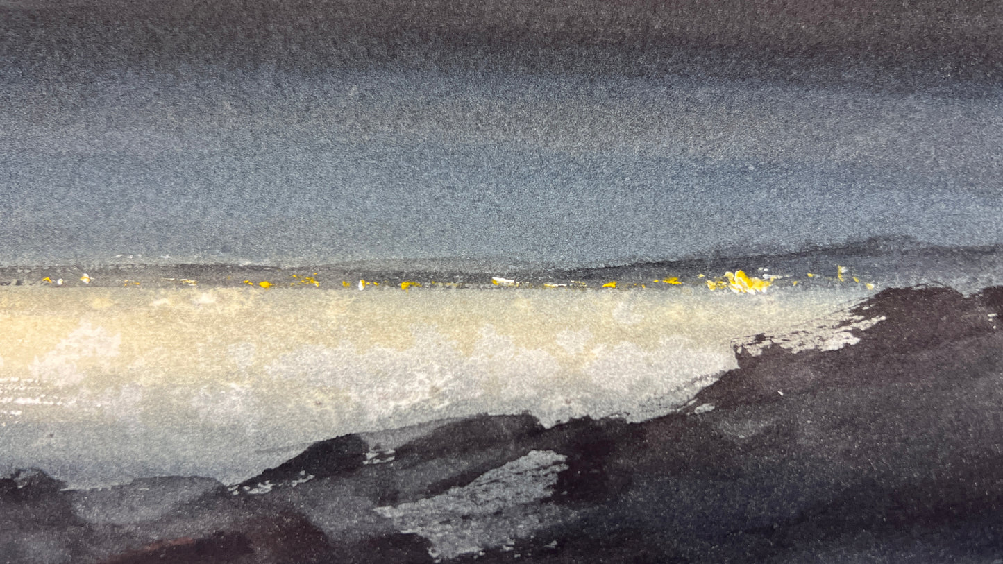 Cyprus Night Sea Watercolor Painting, Cyprus Moonlit Secrets 5.5 x15