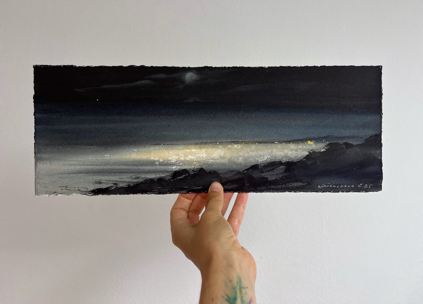 Cyprus Night Sea Watercolor Painting, Cyprus Moonlit Secrets 5.5 x15