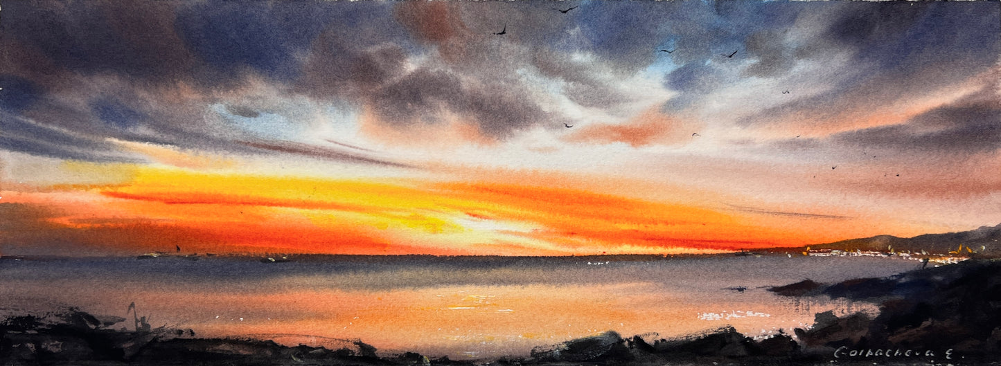 Cyprus Coast Watercolor Painting, Sunset Song of Cyprus  5.5 x15