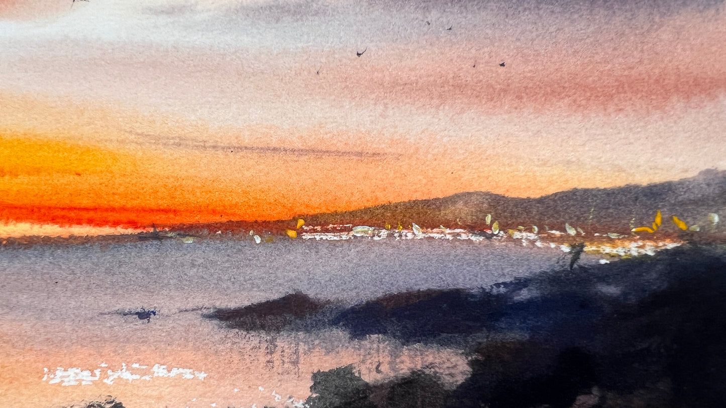 Cyprus Coast Watercolor Painting, Sunset Song of Cyprus  5.5 x15