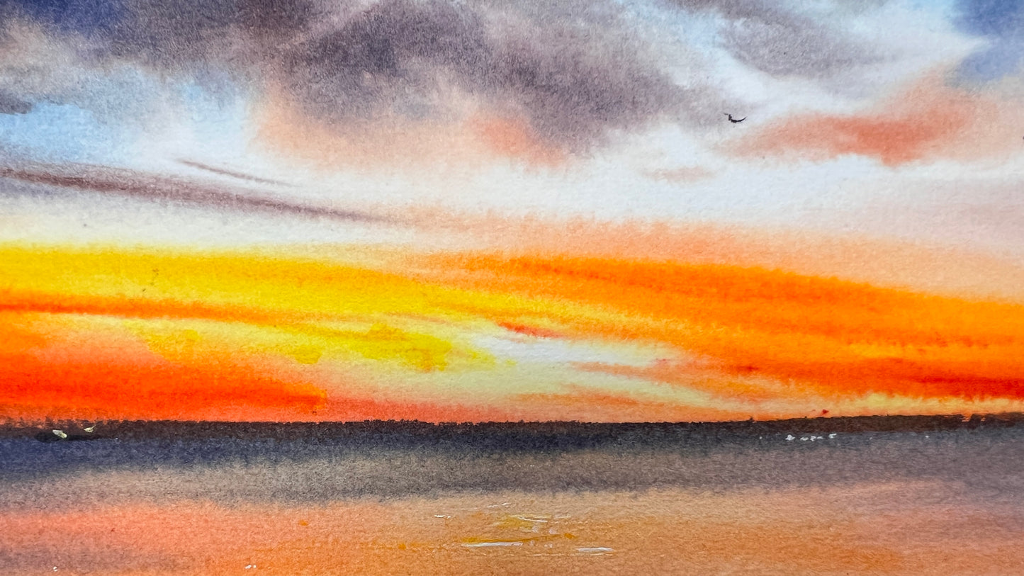 Cyprus Coast Watercolor Painting, Sunset Song of Cyprus  5.5 x15
