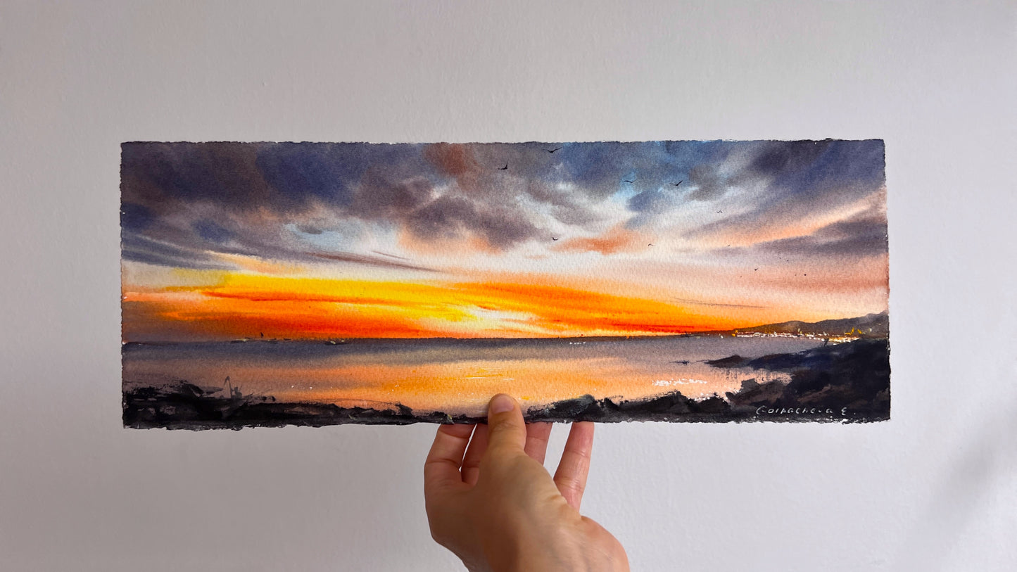 Cyprus Coast Watercolor Painting, Sunset Song of Cyprus  5.5 x15