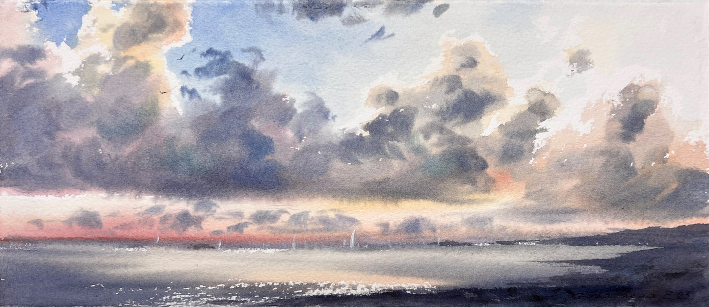Watercolor Ocean Sunset Art, Dramatic Clouds Sunset Ocean Painting, Yachts at sunset #22 6x13