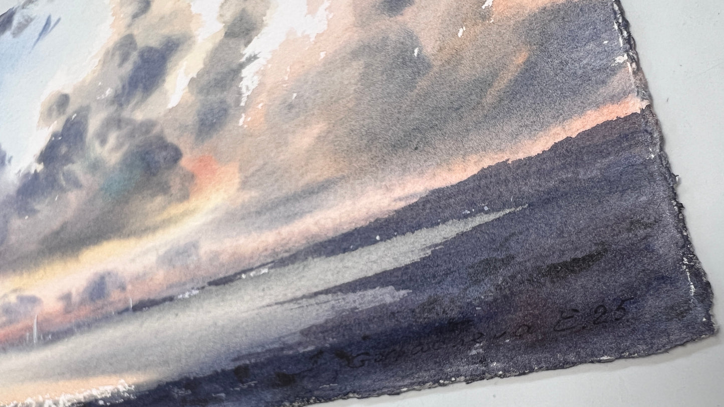 Watercolor Ocean Sunset Art, Dramatic Clouds Sunset Ocean Painting, Yachts at sunset #22 6x13
