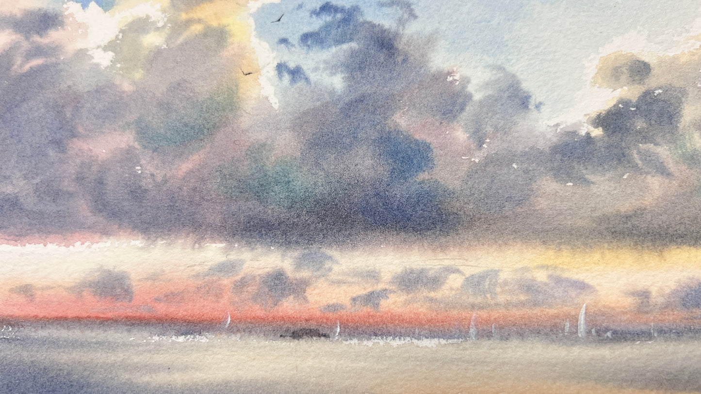 Watercolor Ocean Sunset Art, Dramatic Clouds Sunset Ocean Painting, Yachts at sunset #22 6x13