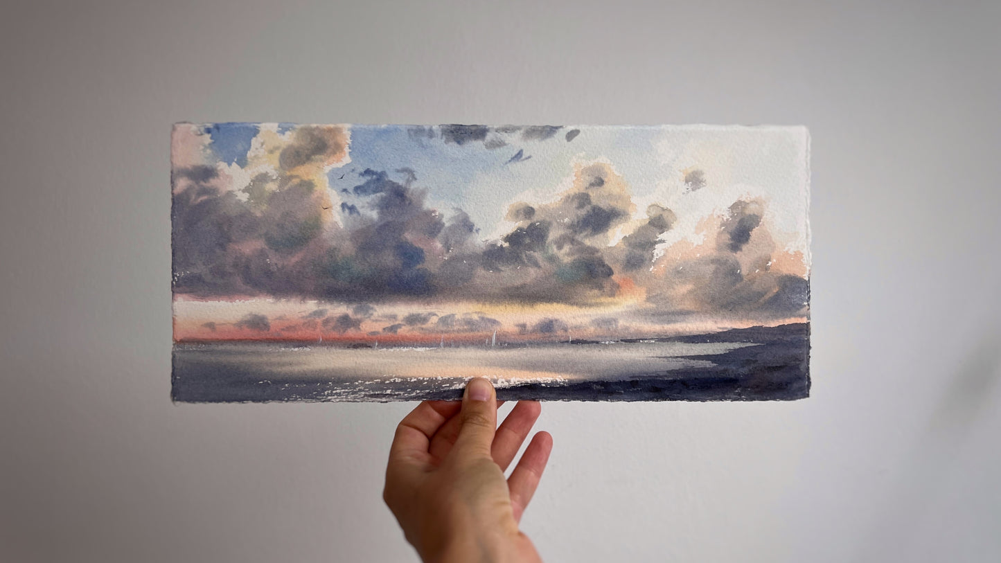 Watercolor Ocean Sunset Art, Dramatic Clouds Sunset Ocean Painting, Yachts at sunset #22 6x13