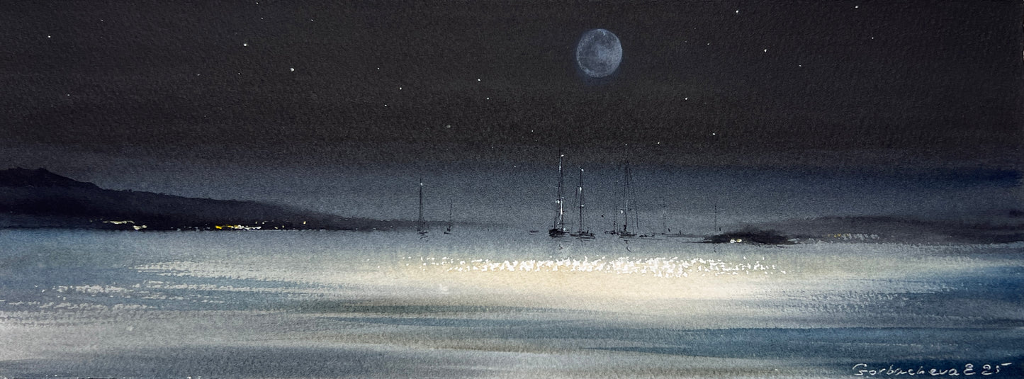 Original Watercolor, Night Seascape Painting, Serenity Under the Moon 6x15 in