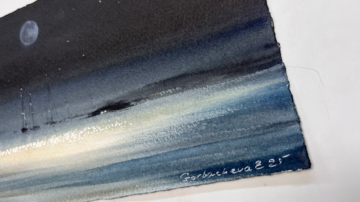 Original Watercolor, Night Seascape Painting, Serenity Under the Moon 6x15 in