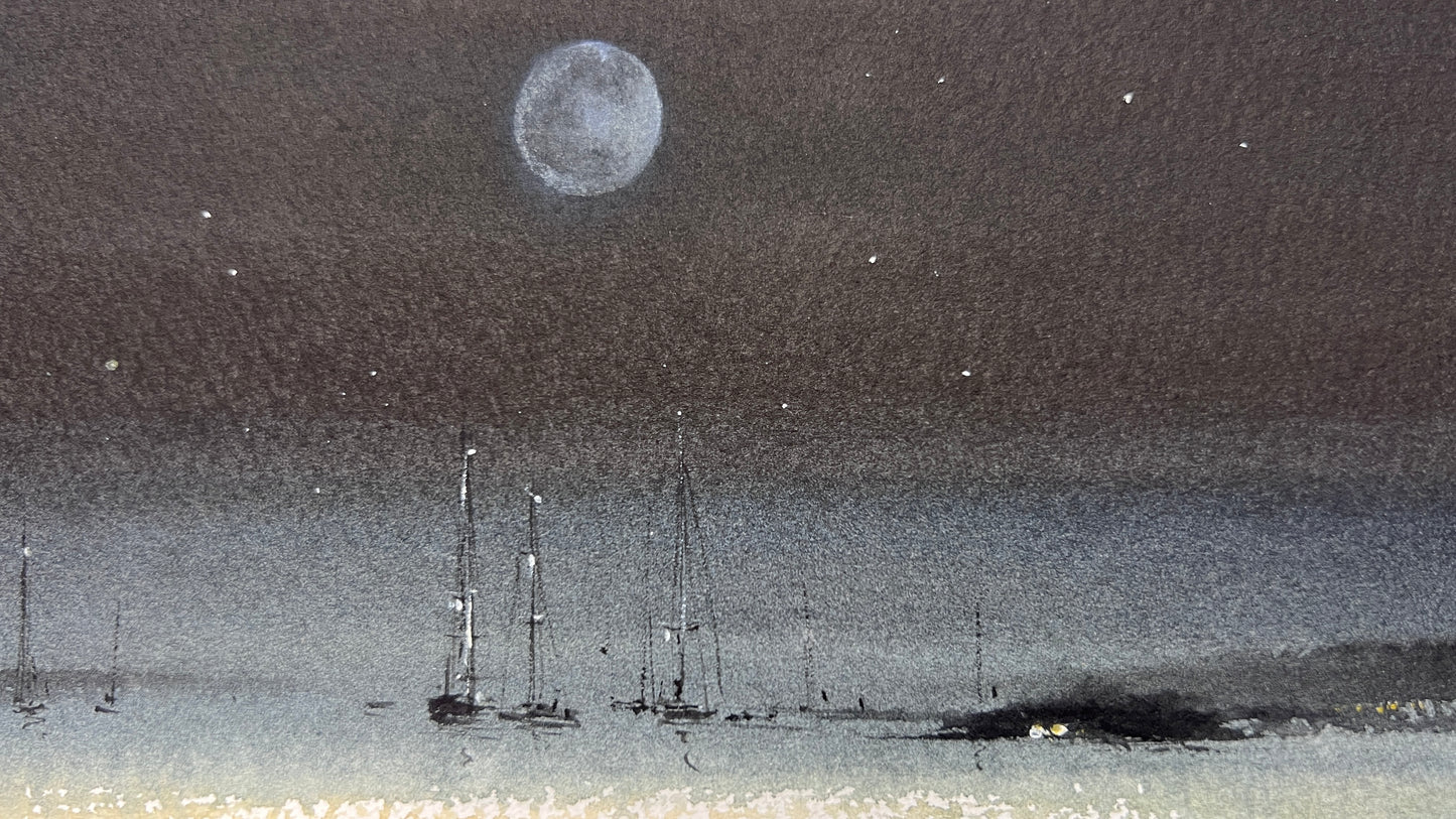 Original Watercolor, Night Seascape Painting, Serenity Under the Moon 6x15 in
