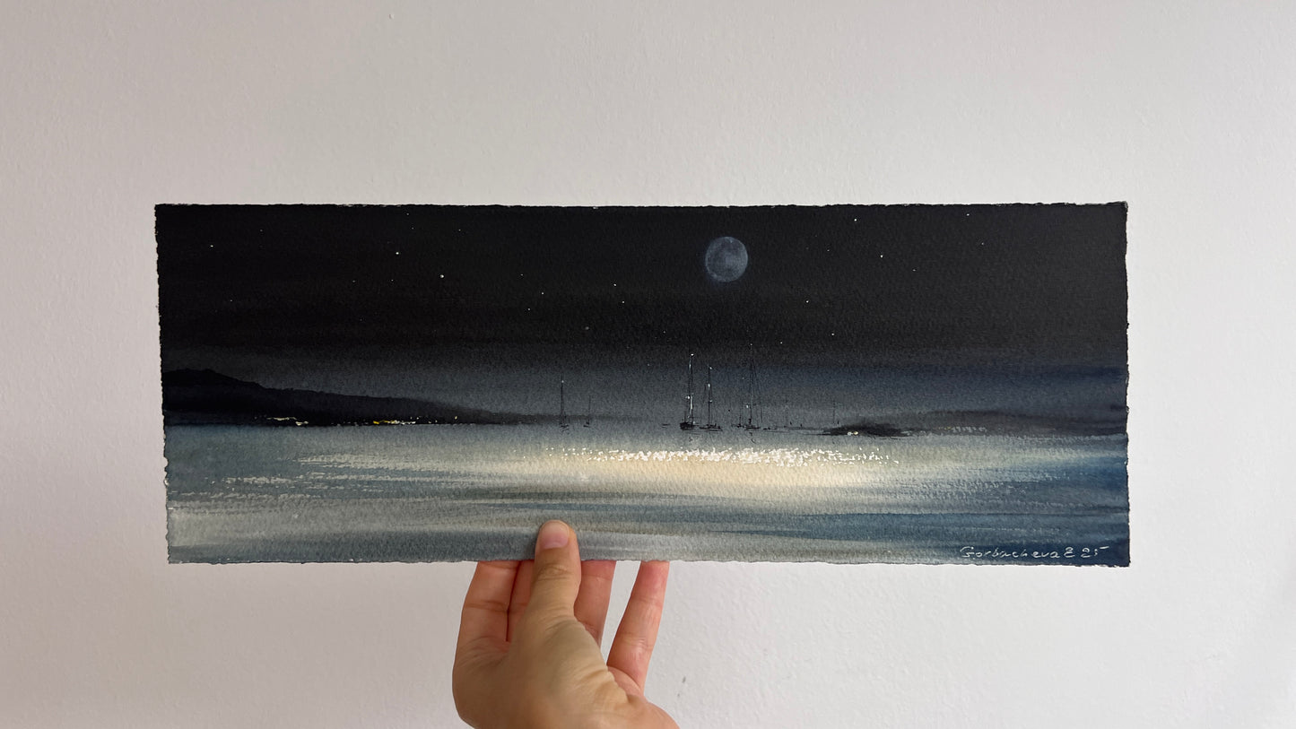 Original Watercolor, Night Seascape Painting, Serenity Under the Moon 6x15 in