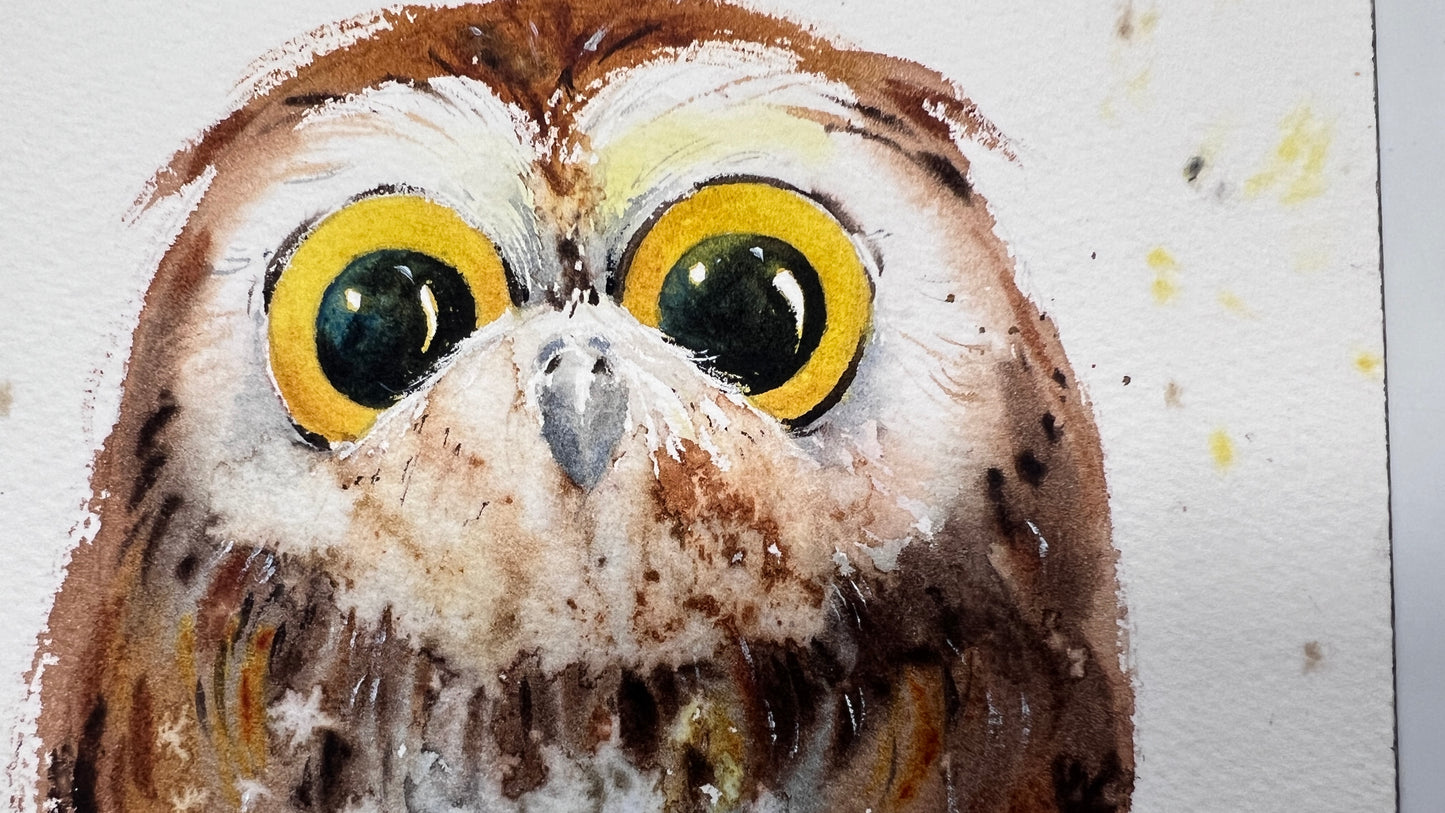 Original Watercolor Painting Tiny Owl, Cute Baby Owl Art, Charming owlet 7x7 in