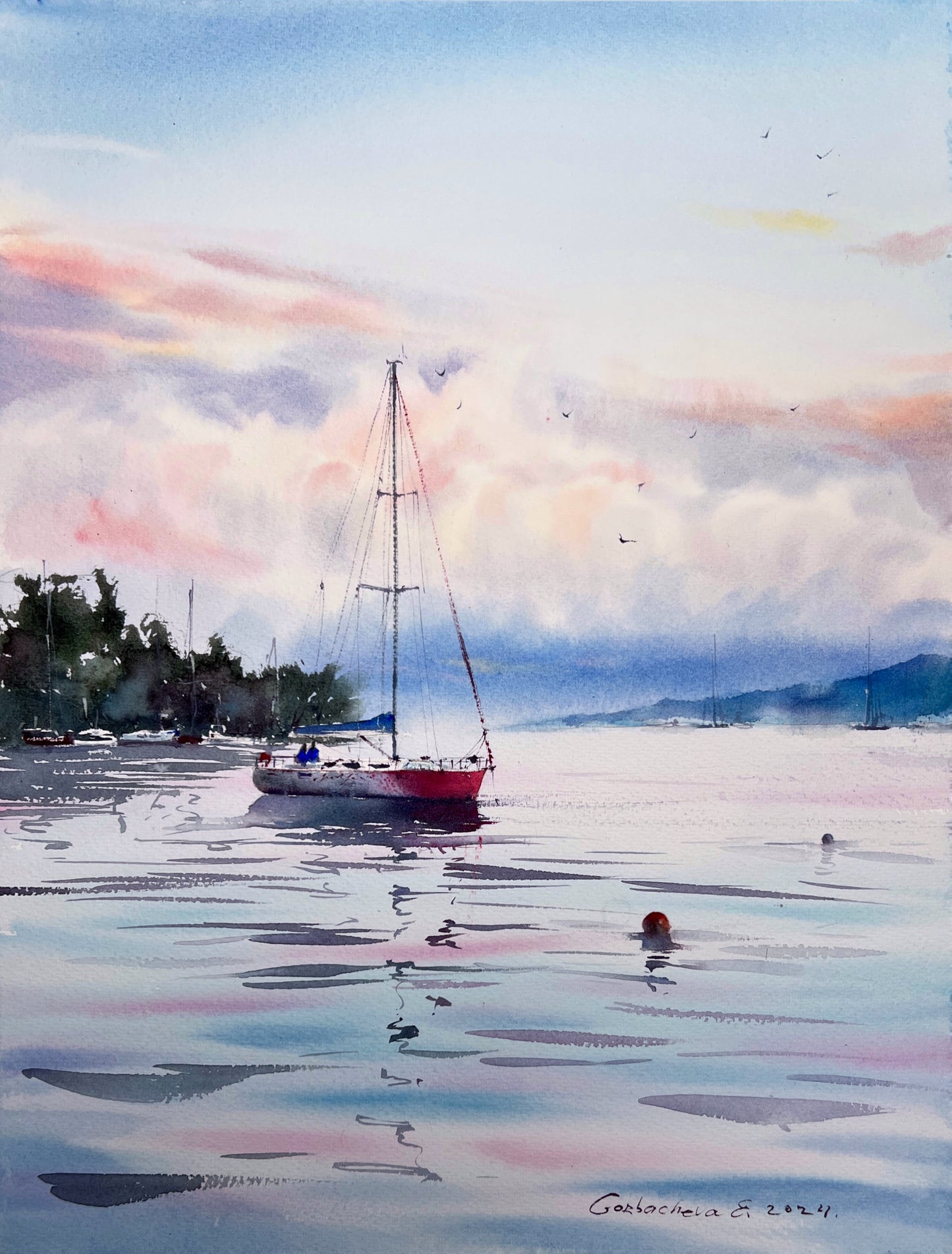 Yacht and Pink Dawn #3 Watercolor Painting - Nautical Wall Decor