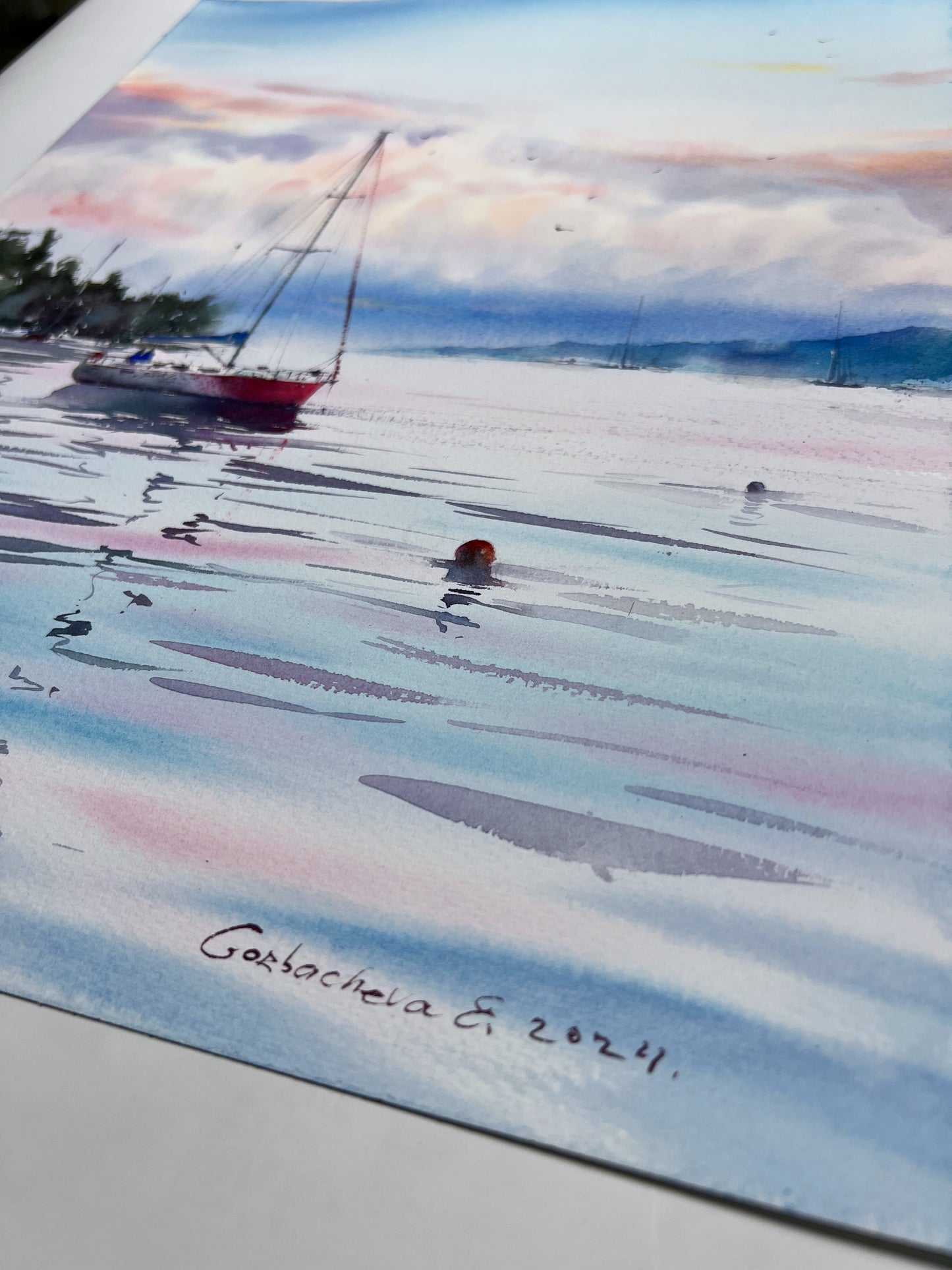 Yacht and Pink Dawn #3 Watercolor Painting - Nautical Wall Decor