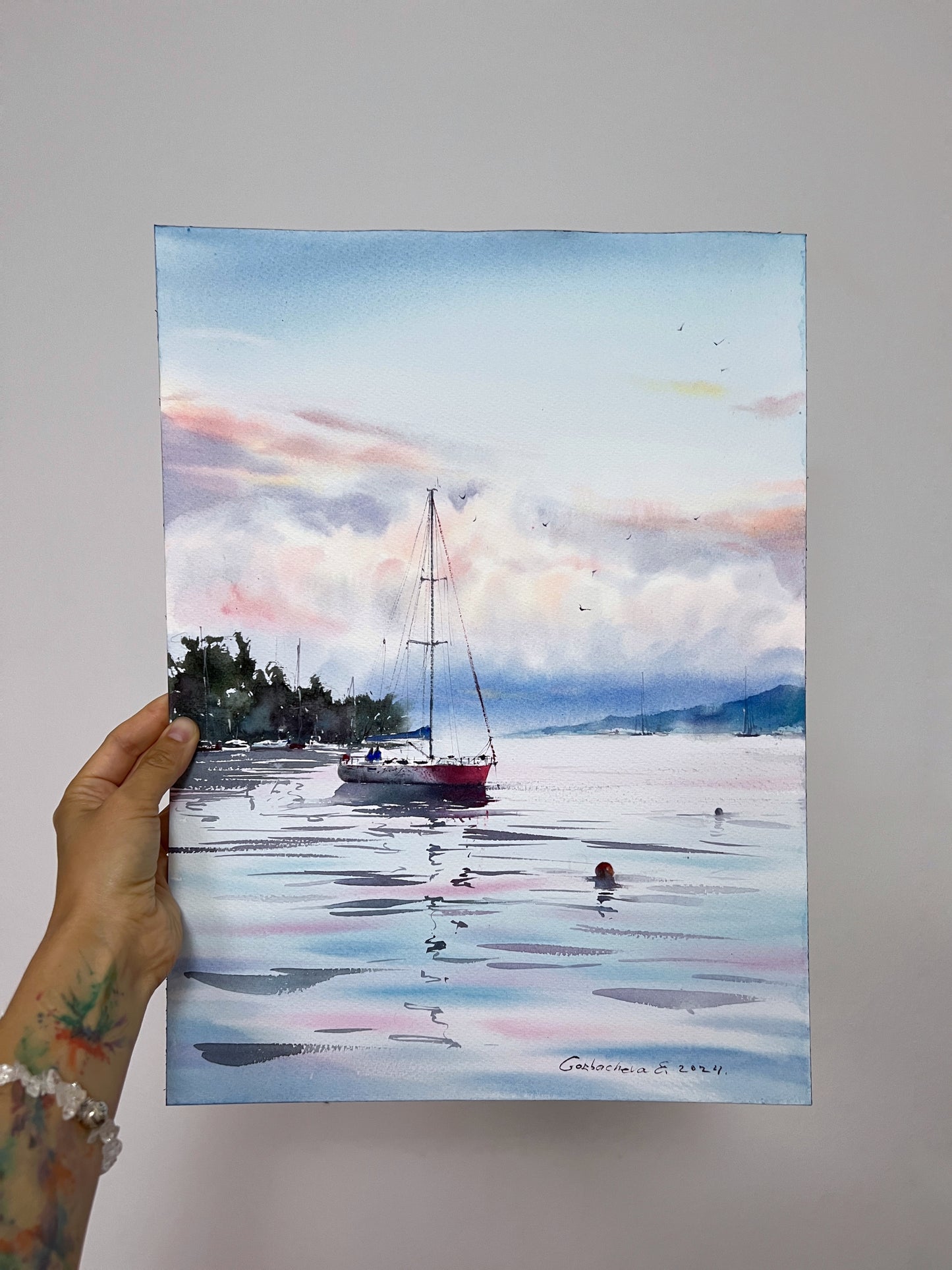 Yacht and Pink Dawn #3 Watercolor Painting - Nautical Wall Decor